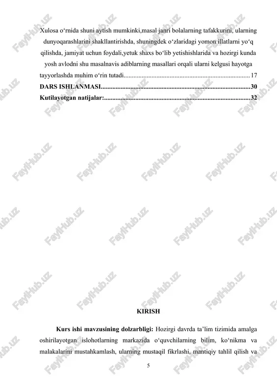 ‘qish darsliklarida “maymun va duradgor “( masal), “ shamol va quyosh“(ezop), 2 -sinfda “qarg‘a bilan tulki” ( ivan krilov) , 3-sinfda “bolari bilan pasha ” (abdulla avloniy), “qaysar buzoqcha” (olim qo‘chqorbekov ), “o‘jàr toshbàqà” (hamidulla yoqubov ), 4-sinfda “qo‘zichoq “ (r.tolib), “ikki irmoq “n.po‘latov) masallari berilgan. [footnoteref:2] masal janridagi asarlar ham boladagi qo‘pollik, qo‘rslik, yolg‘onchilik, yalqovlik, beparvolik kabi illatlarni bartaraf etishda yordam beradi. boshlang‘ich sinf “o‘qish kitobi” darsliklarida masallarning bola tarbiyasida o‘rni beqiyosdir. masaldagi qissadan hissa o‘quvchi matndagi e’tibordan chetda qoldirgan, yuzaki o‘qib o‘tib ketgan, yaxshi anglashga harakat qilmagan o‘rinni, bo‘shliqni to‘ldiradi. masalning hikoya qismi hayvonlar haqidagi ertaklar, yoki latifalarda yaqin boʻlib, xotimasi, taʼlimiy xulosasi maqol, hikmatli soʻz va iboralar tarzida boʻladi. masaldagi qissadan hissa o‘quvchi matndagi e’tibordan chetda qoldirgan, yuzaki o‘qib o‘tib ketgan, yaxshi anglashga harakat qilmagan o‘rinni, bo‘shliqni to‘ldiradi. masalning hikoya qismi hayvonlar haqidagi ertaklar, yoki latifalarda yaqin boʻlib, xotimasi, taʼlimiy xulosasi maqol, hikmatli soʻz va iboralar tarzida …