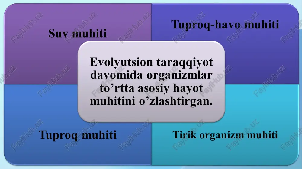 nt-lilik katta miqdordagi kislorodning boshqa joyga o’tish i (masalan, suvda). 10. stenooksibiont-lilik katta miqdordagi kislorodning boshqa joyga o`ta olmasligi. 11. evritrof juda ko’p b`lmagan oziqa ob‘ektlaridan oziqlanadi. 12. stenotrof uncha katta b`lmagan oziqa ob‘ektlaridan oziqlanadi. 13. evrifat yorug’lik rejimi turlicha bo’ladigan sharoitda va nurlanishning xilma-xil turlari ancha ta‘sir etganda ham me‘yorda yashashga qodir organizm. 14. stenofont faqat qisqa yorug’likda yashash doirasi chegarasi. 15. evrixor keng ekologik valentlik bilan tavsiflanadi. 16. stenoxor qisqa ekologik valentli organizmlar. biomaromlar yerdagi barcha hayotiy jarayonlar hujayradan tortib biosferagacha maʼlum ritmga boʼysunadi. tabiatdagi biologik ritmlar barcha jonli organizmlar uchun ichki (oʼzining hayotiy faoliyatlari bilan bogʼliq boʼlgan) va tashqi xususiyatlarga boʼlinadi. organizmlarda sodir boʼladigan biologik ritmlar maʼlum bir omillar taʼsirida vujudga keladi. shuning uchun ham biz ana shu omillar ustida qisqacha toʼxtalib oʼtamiz. ichki davriylik. bu organizmlarda sodir boʼladigan oʼzgarishlardir. tirik organizmlarda kechadigan barcha fiziologik jarayonlar uzluksiz davom etmaydi. tashqi (ekzogen) ritmlar. tabiatda doimiy ravishda takrorlanib turadigan …