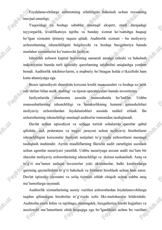 ndiki, agar ichki nazorat tizimi samarali tashkil qilingan bo’lsa, xato va kamchiliklarni aniqlash uchun jiddiy tekshirishlar o’tkazishga hojat qolmaydi. tavakkalchilikka asoslangan audit yoppasiga yoki tanlov yo’li bilan o’tkaziladigan tekshirish bo’lib, u korxona faoliyati sharoitidan kelib chiqadi va asosan tor doiradagi ob’ektlarni tekshirish bilan yakunlanadi. davlat organlarining auditorlik xizmatlariga munosabati turlicha. masalan, aqsh va buyuk britaniyada auditorlik tashkilotlari mustaqil bo’lib, ular auditorlarni o’zlari tayyorlaydilar, tegishli malakaviy unvonlarni beradilar va keyinchalik ham ularning o’z vazifalarini vijdonan, halol bajarishlarini nazorat qilib turadilar. boshqa evropa mamlakatlarida auditorlik faoliyati hukumat organlari tomonidan tashkil qilinadi. bozorning kengayishi bilan auditorlik firmalari ko’rsatadigan xizmatlar turlari va hajmlari ham ortib boradi. ko’plab firmalar odatdagi buxgalteriya hisobiga oid maslahatlar va xizmatlardan tashqari soliqqa tortish, boshqaruv faoliyati va axborotlarni olish texnologiyasi, marketing, moddiy ishlab chiqarish zahiralarini baholash, iqtisodiy rejalashtirish va istiqbolni belgilash, bank va sug’urta ishlari bo’yicha ham xizmat ko’rsata boshladilar. bozor iqtisodi rivojlangan mamlakatlarda moliyaviy nazoratning quyidagi tashkiliy tizimidan foydalaniladi: …