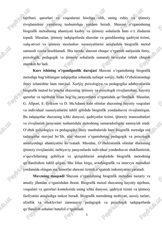 arorlari kontekstida uning ichki dunyosi, qadriyat tizimi va ijtimoiy faoliyatini aniqlashga imkon beradi. biografik metodning mohiyati, asosiy turlari, afzallik va cheklovlari zamonaviy pedagogik va psixologik tadqiqotlarda qo‘llanilish sohalari batafsil o‘rganiladi. mavzuning vazifalari · biografik metodning nazariy asoslarini o‘rganish va tahlil qilish. · biografik metodning turlari, xususiyatlari va printsiplarini aniqlash. · biografik metodning shaxsni o‘rganishdagi afzalliklari va cheklovlarini tahlil qilish. · biografik metodning pedagogik va psixologik tadqiqotlardagi zamonaviy qo‘llanilishini o‘rganish. · amaliy tadqiqot orqali shaxsni biografik metod yordamida o‘rganish jarayonini tashkil etish va natijalarni tahlil qilish. · tadqiqot natijalari asosida shaxsni rivojlantirish, ta’lim va tarbiya jarayonlarini takomillashtirish bo‘yicha tavsiyalar ishlab chiqish. mavzuning obyekti sifatida shaxsning psixologik, ijtimoiy va individual xususiyatlari tanlangan. shaxsning ichki dunyosi, qadriyat tizimi, qaror qabul qilish jarayonlari, hayotiy tajribalari va ijtimoiy faoliyati tadqiqot obyekti sifatida o‘rganiladi. mavzuning predmeti shaxsni o‘rganishda biografik metodning qo‘llanilishidir. predmet sifatida biografik metod orqali shaxsning hayotiy voqealari, qarorlari va tajribalari tahlil qilinadi. bu metod …