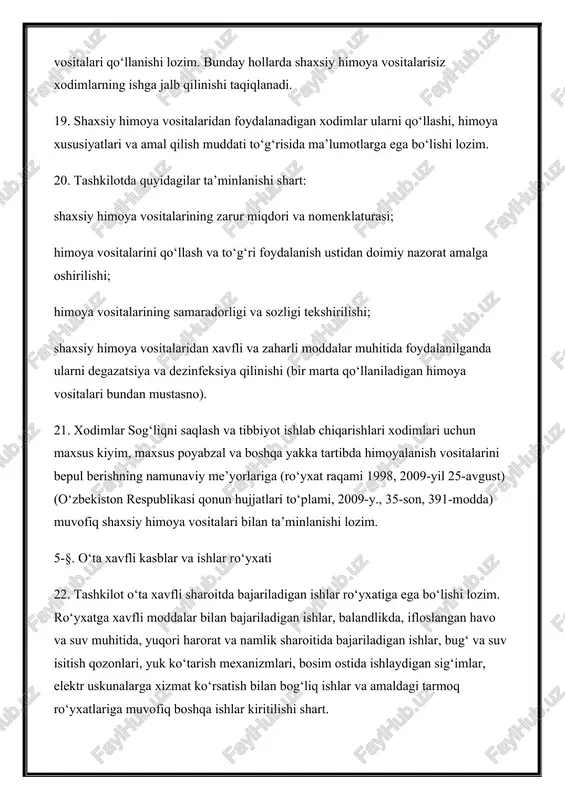 bajariladigan ishlar ro‘yxatiga ega bo‘lishi lozim. ro‘yxatga xavfli moddalar bilan bajariladigan ishlar, balandlikda, ifloslangan havo va suv muhitida, yuqori harorat va namlik sharoitida bajariladigan ishlar, bug‘ va suv isitish qozonlari, yuk ko‘tarish mexanizmlari, bosim ostida ishlaydigan sig‘imlar, elektr uskunalarga xizmat ko‘rsatish bilan bog‘liq ishlar va amaldagi tarmoq ro‘yxatlariga muvofiq boshqa ishlar kiritilishi shart. 23. barcha xodimlar o‘ta xavfli ishlarni bajarish topshirig‘ini olishdan oldin, mehnat muhofazasi bo‘yicha yo‘l-yo‘riq olishi va ishlarni bajarish usullarini o‘zlashtirib olishi shart. 24. o‘ta xavfli ishlarni bajarish, faqat belgilangan tartibda rasmiylashtirilgan naryad-ruxsatnomaga muvofiq amalga oshirilishi lozim. 25. tashkilot rahbariyati o‘ta xavfli ishlarni rejalashtirishda, tashkillashtirishda va xavfsiz bajarishda belgilangan talablarga muvofiq amalga oshirilishiga to‘la javobgardirlar. 6-§. kasbiy tanlov 26. tashkilotlarda tanlov o‘tkazilishi lozim bo‘lgan kasblar va mutaxassisliklar ro‘yxati bo‘lishi lozim. 27. xodimlar, ishlab chiqarish uchastkalarining rahbarlari tegishli ma’lumotga va ish tajribasiga ega bo‘lishi kerak. 28. bosim ostida ishlovchi uskunalar va xavfi yuqori bo‘lgan ishlarda xizmat ko‘rsatuvchi xodimlar maxsus …