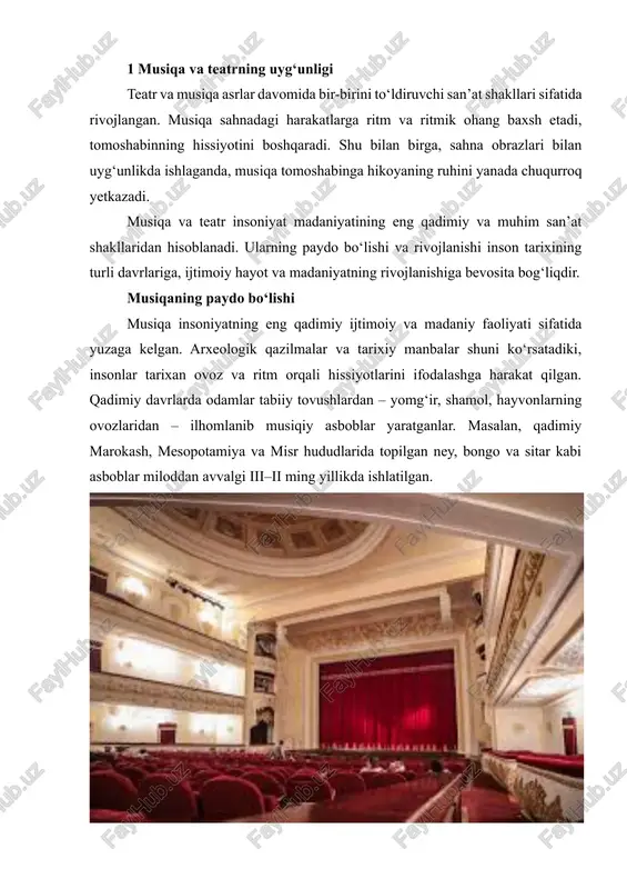 , qadimgi gretsiyada tragediyalar davomida xor ijrosi asosiy rolni o‘ynagan. xor musiqasi qahramonlarning ichki ruhiy holatini, voqealarning dramatik kulminatsiyasini aks ettirgan. shuningdek, o‘zbekiston hududida ham qadimdan musiqa va sahna san’ati uyg‘un ishlatilgan. milliy folklor spektakllarida, maqom, badiiy qo‘shiqlar va raqslar voqealarni boyitib, xarakterlarni yanada jonli qilib ko‘rsatgan. masalan, “layli va majnun” spektaklida xalq musiqasi va maqom ohanglari qahramonlarning sevgisini va qayg‘usini chuqurroq ifodalaydi. shu bilan, musiqa va teatrning paydo bo‘lishi insoniyat tarixining ijtimoiy, madaniy va diniy rivojlanishi bilan chambarchas bog‘liq. musiqa inson hissiyotini ochib beruvchi vosita sifatida, teatr esa voqealarni sahnada jonlantiruvchi vosita sifatida rivojlangan. ularning uyg‘unligi tomoshabinga yanada kuchli estetik va hissiy ta’sir ko‘rsatadi, dramatik vaziyatni boyitadi va sahna asarining mazmunini chuqurlashtiradi. musiqa va teatr insoniyat tarixida ajralmas san’at shakllari sifatida rivojlangan. ular bir-birini to‘ldiruvchi elementlar bo‘lib, sahna asarining estetik va hissiy ta’sirini oshirishga xizmat qiladi. teatr asosan so‘z, harakat va sahna obrazlari orqali voqeani yetkazsa, musiqa esa tomoshabinning …