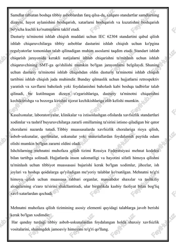 o'zgarishi bilan yanada muhimroq bo'lib bormoqda, bu samddan foydalanish, mo'ljallangan foydalanish va tartibga solish holatini o'zgartirishi mumkin. bu regulyatorlar uchun qiyinchiliklar tug'dirdi va 2021 yilda aqsh oziq-ovqat va farmatsevtika idorasi tibbiy asbob (samd) harakat rejasi sifatida sun'iy intellekt/mashinani o'rganish (ai/ml) ga asoslangan dasturiy ta'minotni chiqardi. reja ishlab chiqaruvchilardan shaffoflik va real ish faoliyatini monitoring qilish va amalga oshirilgan o'zgarishlar bo'yicha davriy yangilanishlar bo'yicha majburiyatni talab qiladi. maqsad, bemorni himoya qilishda sun'iy intellekt yoki mashinani o'rganishga asoslangan dasturiy ta'minot tomonidan yoqilgan takroriy yaxshilanishlarni ortiqcha cheklamasdan nazoratni ta'minlashdir. bu ishlab chiqaruvchilardan algoritmni tasdiqlash va chiqarishdan keyin o'zgartirish uchun ai/ml chegaralarini belgilaydigan algoritm o'zgarishini boshqarish rejalarini va real ma'lumotlar bilan qayta tasdiqlash mezonlarini ishlab chiqishni talab qiladi. standartlar va farqlarni qamrab olish samdlar tabiatan boshqa tibbiy asboblardan farq qilsa-da, xalqaro standartlar samdlarning dizayni, hayot aylanishini boshqarish, xatarlarni boshqarish va kuzatishni boshqarish bo'yicha kuchli ko'rsatmalarni taklif etadi. dasturiy ta'minotni ishlab chiqish muddati uchun iec …