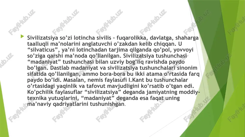 arkazi bo‘lib kelgan. bu hududda so‘g‘diyona, baqtriya, xorazm, farg‘ona kabi qadimgi davlatlar shakllangan va o‘ziga xos madaniyat, yozuv, din va boshqaruv tizimlariga ega bo‘lgan. ayniqsa, buyuk ipak yo‘li orqali savdo, ilm-fan, din va madaniyat almashinuvi rivoj topib, bu hududni global sivilizatsiyalar chorrahasiga aylantirgan. islom davrida esa markaziy osiyo ilm-fan va madaniyat markaziga aylangan — buxoro, samarqand, xiva va boshqa shaharlarda yirik olimlar va mutafakkirlar yetishib chiqqan. shunday qilib, markaziy osiyo sivilizatsiyasi jahon tarixida muhim o‘rin egallaydi va bugungi kunda ham bu boy meros tadqiq etilishi bilan qadrlanmoqda. eʼtiboringiz uchun raxmat image1.jpeg image2.jpeg image3.jpeg madaniyat va-sivilizatsiya mohi bir-biri bilan /qiyoslash jhar birinin qilligi va o’ziga.xos xususiyatlarini ajra 1 muhim metodolo: ahamiyatga molikdir. ida ularni pe xix asr oxiri - xx asr tarix falsafasi o. shpengler -hagida malumot osvald shpengler 1880 yilning 29 mayida gori yaqinidagi mo’jazgina blankerburg — shahrida tug’iladi. 1887 yilda shpingler oilasi zost shahriga ko’chib o’tishadi. shpengler bu yerda …