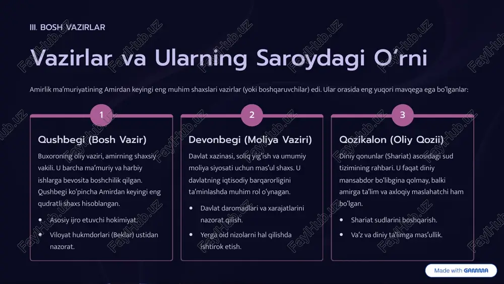 atlar mavjud edi. diplomatik rivojlanish yuqori darajadagi amaldorlar tizimini xalqaro munosabatlar uchun qayta tashkil etish, yevropa davlatlari bilan aloqalarni kengaytirish. iqtisodiy yangilanish devonbegi va boshqa moliyaviy amaldorlarga zamonaviy soliq tizimlari va byudjet rejalashtirishni o8rgatish orqali iqtisodiyotni kuchaytirish. huquqiy islohot qozikalonlar tizimi orqali shariatni saqlab qolgan holda, ma¾muriy va jinoiy ishlarni ko8rib chiqishda zamonaviy huquqiy me¾yorlar elementlarini joriy etish. ta'limni kengaytirish saroy unvonlariga nomzodlarni tayyorlash uchun duniyoviy fanlar o8rgatiladigan maxsus maktablar ochish. https://gamma.app/?utm_source=made-with-gamma tahdidlar (threats) va xulosa amirlik tizimiga eng katta tahdidlar tashqi bosim va ichki zaifliklarning o8zaro qo8shilishidan kelib chiqqan. saroy unvonlari tizimining saqlanib qolishi bu tahdidlarni bartaraf etishga kifoya qilmadi. rossiya imperiyasining bosimi 1868-yildan keyin buxoro rossiyaning vassali bo8lib qoldi. tashqi siyosat va harbiy qarorlar amirdan ko8ra, rossiya ma¾murlari tomonidan nazorat qilinardi. mahalliy isyonlar qabila boshliqlarining noroziligi va chekka viloyatlardagi beklar (masalan, shahrisabz, hisor) tomonidan markazga qarshi uyushtirilgan muntazam qo8zg8olonlar. jadidchilik harakati islomiy va g8arbiy g8oyalarni uyg8unlashtirib, ijtimoiy- siyosiy …
