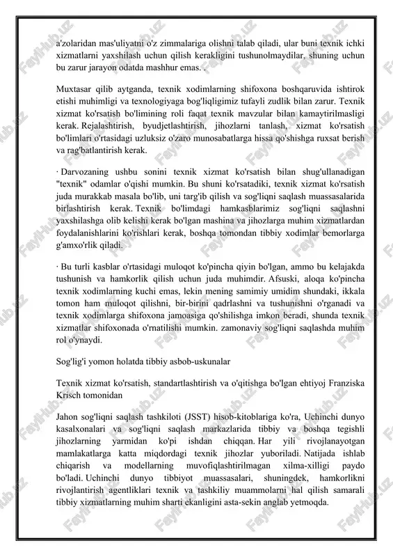 · darvozaning ushbu sonini texnik xizmat ko'rsatish bilan shug'ullanadigan "texnik" odamlar o'qishi mumkin. bu shuni ko'rsatadiki, texnik xizmat ko'rsatish juda murakkab masala bo'lib, uni targ'ib qilish va sog'liqni saqlash muassasalarida birlashtirish kerak. texnik bo'limdagi hamkasblarimiz sog'liqni saqlashni yaxshilashga olib kelishi kerak bo'lgan mashina va jihozlarga muhim xizmatlardan foydalanishlarini ko'rishlari kerak, boshqa tomondan tibbiy xodimlar bemorlarga g'amxo'rlik qiladi. · bu turli kasblar o'rtasidagi muloqot ko'pincha qiyin bo'lgan, ammo bu kelajakda tushunish va hamkorlik qilish uchun juda muhimdir. afsuski, aloqa ko'pincha texnik xodimlarning kuchi emas, lekin mening samimiy umidim shundaki, ikkala tomon ham muloqot qilishni, bir-birini qadrlashni va tushunishni o'rganadi va texnik xodimlarga shifoxona jamoasiga qo'shilishga imkon beradi, shunda texnik xizmatlar shifoxonada o'rnatilishi mumkin. zamonaviy sog'liqni saqlashda muhim rol o'ynaydi. sog'lig'i yomon holatda tibbiy asbob-uskunalar texnik xizmat ko'rsatish, standartlashtirish va o'qitishga bo'lgan ehtiyoj franziska krisch tomonidan jahon sog'liqni saqlash tashkiloti (jsst) hisob-kitoblariga ko'ra, uchinchi dunyo kasalxonalari va sog'liqni saqlash markazlarida tibbiy va …