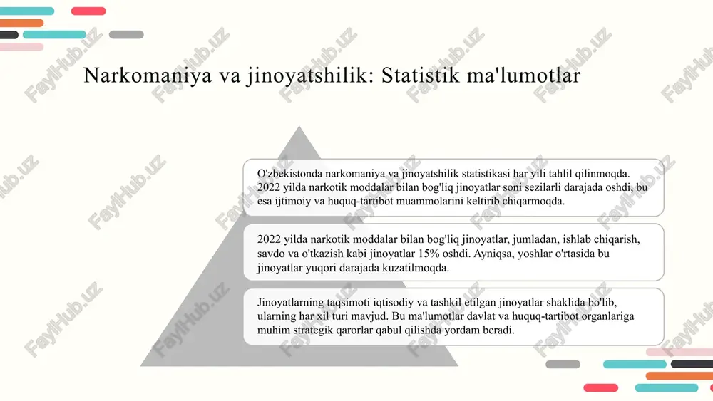 bo‘yicha statistik ma’lumotlar. o‘zbekiston respublikasi, 2022. 2. saidov, a. narkomaniya va jinoyat: ijtimoiy muammolar va yechimlar. toshkent: adabiyot va san’at nashriyoti, 2021. 3. tursunov, m. narkomaniya va jinoyatshilik: psixologik va ijtimoiy aspektlar. o‘zbekiston tibbiyot akademiyasi jurnali, 2020, 15(3), 45-52. 4. qodirov, b. jamiyatda narkomaniyaga qarshi kurash. toshkent: o‘zbekiston davlat universiteti nashriyoti, 2019. 5. yusufov, s. oldini olish va davolash usullari: amaliy yondashuvlar. o‘zbekiston respublikasi sog‘liqni saqlash vazirligi, 2021. e'tiboringiz uchun rahmat! designed by slides carnival image1.png image2.png image6.jpg image7.jpg image8.jpg image9.jpg image3.png image5.png git huby the place where! fork stackoverfl0w it slack |) 8 ia github) oe developers | 4 bm ink aadensr 6. const float “number 6. gonst chaz lettez= | const thar letter. s44 ¥ const cher beckcled sb pritep (value op... walue a