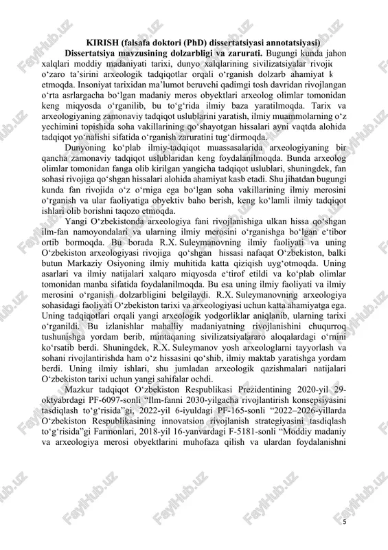 o‘rganishga e‘tibor qaratildi. amalga oshirilgan tadqiqotlarning bir tarmog‘i tadqiqotchilarning tarixshunoslik borasidagi ishlari bo‘lib, alohida olingan shaxslarning soha taraqqiyotiga qo‘shgan hissalari tadqiqot obyektiga aylandi. o‘zbekiston tarixi va arxeologiyasi rivojlanishiga katta hissa qo‘shgan, o‘zining butun umrini soha rivojiga bag‘ishlagan r.x. suleymanovning hayot yo‘li ilmiy faoliyati borasida alohida tadqiqot ishlari yaratilmagan. ammo, ta‘kidlash joizki, o‘rganilgan mavzuning ayrim jihatlari ba’zi ilmiy va ommabop adabiyotlarda yoritilgan. jumladan olim tavalludining 60 va 80, 85 yilligi munosabati bilan chop etilgan to‘plamlarda[footnoteref:2] uning o‘zbek xalqi tarixini o‘rganish hamda respublikada tarix va arxeologiya fanining rivojlanishiga qo‘shgan hissasi ochib berilgan. r.x. suleymanovning 60 yilligiga bag‘ishlangan “so‘g‘d markaziy osiyoning madaniy aloqalari tizimida” mavzusidagi konferensiya to‘plamiga yozilgan kirish so‘zi va unda jamlangan maqolalarda r.x. suleymanovning ilmiy faoliyati qisman yoritilgan[footnoteref:3]. [2: so'g'd markaziy osiyo madaniy aloqalari tizimida // tarix fanlari doktori r.x. suleymanov tavalludining 60 yilligiga bag'ishlangan konferentsiya to'plami materiallari. – samarqand, 1999. – 52 b.; istoriya i arxeologiya turana // posvyashenniy yubileyu …