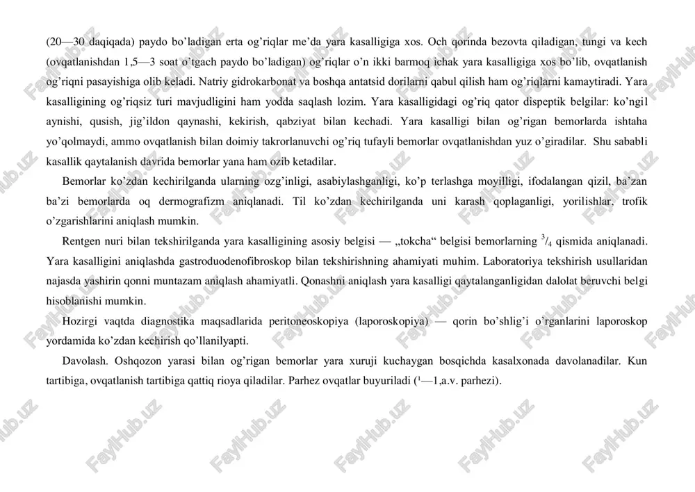 aymoq, tarkibida ko’p miqdorda so2 saqlagan mineral suvlar iste’mol qilish taqiqlanadi. dori-darmonlar bilan davolash quyidagi asosiy yo’nalishlarda olib boriladi: — markaziy asab tizimi faoliyatini yaxshilovchi, tinchlantiruvchi, uyqu chaqiruvchi; — ortiqcha ishlab chiqarilgan xlorid kislota pepsinni neytrallash va biriktirib oluvchi; — oshqozon va o’n ikki barmoq ichak harakati va o’tkazuvchanligini yaxshilovchi; — shilliq himoya qavati faoliyatini ko’paytiruvchi; — shilliq qavat to’qima elementlari regenerativ xususiyatlarini oshiruvchi va distrofik yallig’lanish jarayonini kamaytiruvchi. — campilobacter piloriga qarshi antibakterial davolash. m—xolinolitiklar (atropin, metatsin, platifillin va boshqalar) tayinlanadi. bu dori moddalari og’riqni qoldirishda yordam beradi. 0,1% atropin eritmasidan 0,5—1ml, 0,1% li metatsin eritmasidan 0,2 ml, platifillin eritmasidan 1—2 ml, kuniga 2—3 marta, ovqatdan 30—40 minut oldin buyuriladi. gastrotsepin xlorid kislota ishlab chiqarishni 10—12 soatga pasaytiradi. bir sutkada 75—100 mg, kuniga 2 marta buyuriladi. u 4—5 haftada yaraning chandiqlanishiga olib kelib, boshqa moddalar singari nojo’ya ta’sirga ega emas, shuning uchun uni glaukoma, yurakning ishemik kasalligi, xafaqon kasalligi, …