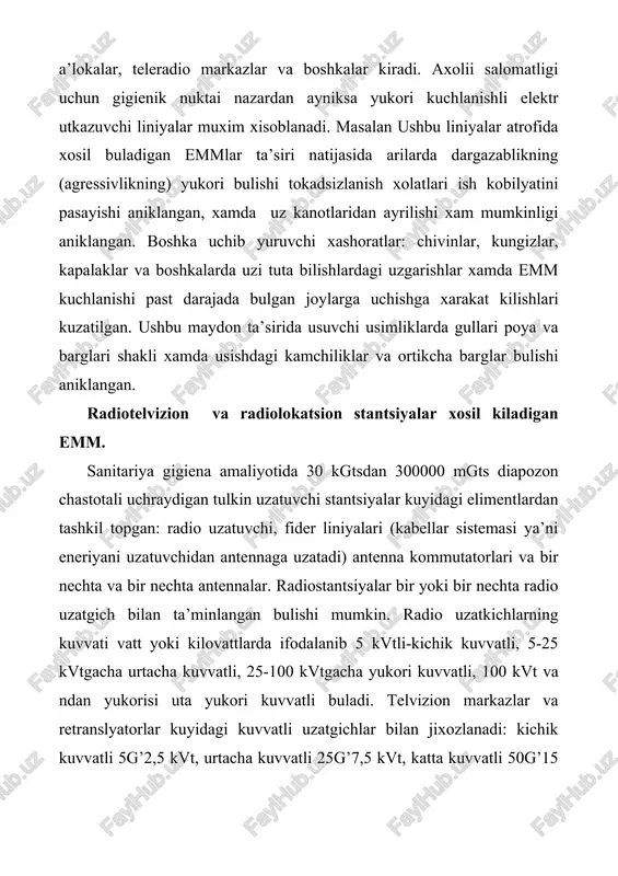 4-96 emm ning radio chastotasidagi yul kuyish darajasi axoli yashash punktlarida emm darajasini aniklash. 1. asbobni ishga tayyorlash; asbobni gorizontal xolatga utkazish va yokish,5 dakika davomida asbob isitilgach,buragich «kalibrovka»ga utkazkich va strelkani «0»ga keltirish 2.kayd kiluvchi kismga elektr datchiklarni va kerakli bulgan antennalarni ulash 3.ulchash ishlarini manbaa kuvvatiga boglik ravishda turli intervallarda utkazish. 4. xar bir nuktada 3 martadan kam bulmagan ulchash ishlarini utkazish. 5. san k va m lari № 0064-96 buyicha emm darajasini baxolash. axoli turar joylarda shovkin darajasini aniklash. sh – 3 shovkin ulchagich asbobni ishga tayyorlash. 1. batareyalarni urnatish: ustki kopkokni olmagan xolda asbobni tukarib, stolga kuyiladi, ostki kopkok vinti echiladi, xamda batareyalarni urnatish uchun kuyiladigan maxsus moslama olinadi va unga batareyalar urnatiladi. shundan sung moslama yana uz joyiga kuyilab, echib olingan vint xam yana uz joyiga maxkamlanadi. 2. batareyalarning sozligini tekshiirsh: tokni ulab, uchirgich moslamani «yonik» xolatiga utkaziladi, xarakteristika uzgartiruvchi esa anodli kuchlanish bor yukligini …
