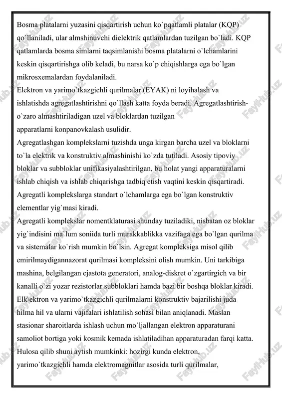 `tkazgichli qurilmalarni konstruktiv bajarilishi juda hilma hil va ularni vajifalari ishlatilish sohasi bilan aniqlanadi. maslan stasionar sharoitlarda ishlash uchun mo`ljallangan elektron apparaturani samoliot bortiga yoki kosmik kemada ishlatiladihan apparaturadan farqi katta. hulosa qilib shuni aytish mumkinki: hozirgi kunda elektron, yarimo`tkazgichli hamda elektromagnitlar asosida turli qurilmalar, avtomatlashtirilgan sanoat robotlari va manipulyatorlar tuzilmoqda. ular yordamida tehnologik jarayonlarni boshqarish, nazorat va axborot sistemalari takomillashmoqda. analog raqamli o’zgartirgich (a / d converter) aro’ (atsp) kirishdagi kuchlanishni raqamli ko’rinishda olish uchun ishlatiladi. bu natija aro’ larning ma’lumotlar registrida saqlanadi. mp ning qaysi chiqishlari aro’ ga kirishi mos holda yozilgan registrdagi qiymatlarga qarab aniqlanadi. ketma-ket universal (uart yoki usart) interfeys informatsion kanalni tashki etuvchi universal asinxron yoki universal sinxron ma’lumotlarni qabul qilib uzatuvchi (universal synchronous/asynchronous receiver and transmitter – uart tili usart), mk rini tashqi olam bilan bog’lovchi qulay va sodda interfeys.bir paytning o’zida ham ma’lumot uzatib, ham qabul qilib ishlash xususiyatiga ega.u ,, rs – …