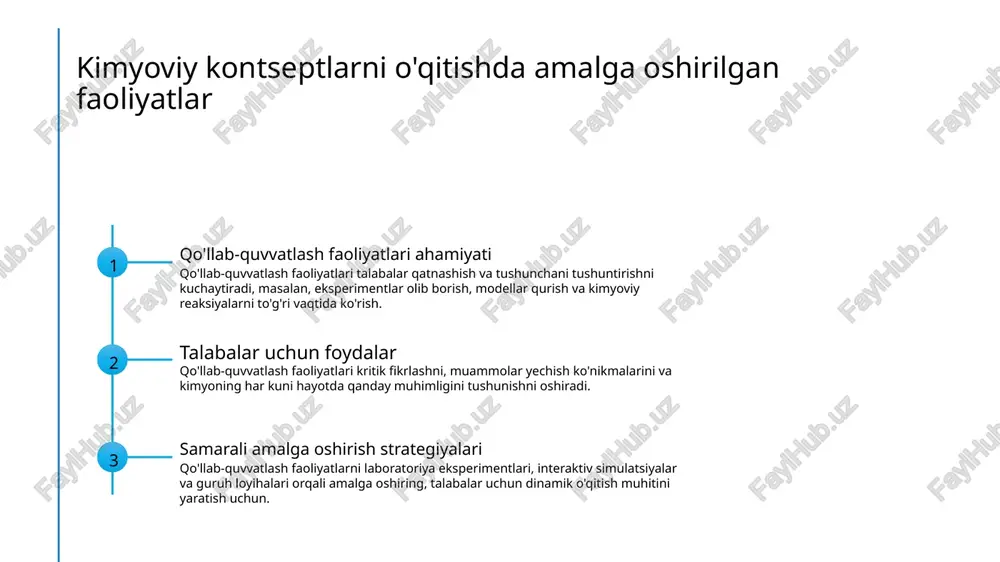 masalalarni yechish va muzokaralar va guruh faoliyatlari orqali tushunchalarni chuqurlashtirishga imkon beradi. talabalarni bir-birlariga dars o'qitishga, guruh loyihalar ustida ishlashga, va o'qish natijalarini yaxshilash uchun taqriz berishga rag'batlantiring. talabalar o'rtasida hurmat, ishonch va hamkorlik madaniyatini rivojlantirish, faol ishtirok va qo'llab-quvvatlashuvchi o'qish jamoasini tezlashtirish. kimyoviy kontseptlarni o'qishda amaliyotlar qo'llash har kuni misollarni qo'llash kimyoviy reaksiyalarni o'qitishda pishiriqni pishirish misoli sifatida qo'llash, masalan, mayalanish jarayonida nonni qalinlashi. talabalarni tajribalar orqali qiziqtirish polimerizatsiyani ko'rsatish uchun slaym yaratish kabi tajribalar o'tkazish va talabalarni amaliyotlarga tajribalar bilan jalb qilish. joriy voqealar bilan bog'lanish atrofidagi muammolarga, masalan, atrof muhitga zararli moddalar yoki iklim o'zgarishiga kimyo asoslarini tushuntirish orqali darslarni talabalar uchun maqbul va ta'sirli qilish. kimyo o'qituvchilari uchun doimiy professional rivojlanish kimyo ta'limida cpdning ahamiyati doimiy professional rivojlanish kimyo o'qituvchilarining bilimini, ko'nikmalarini va o'qitish strategiyalarini oshiradi va o'quvchilarning natijalarini yaxshilaydi. kimyo o'qituvchilari uchun cpd imkoniyatlari workshops, konferensiyalar, onlayn kurslar va mentorlik dasturlari kimyo o'qituvchilari uchun eng …
