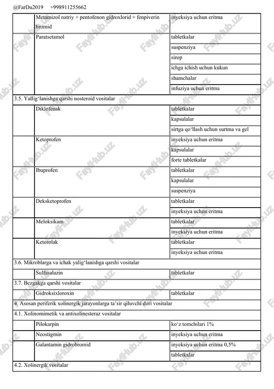 ntlar dipiridamol tabletkalar inyeksiya uchun eritma klopidogrel tabletkalar atsetilsalitsil kislotasi tabletkalar 11.6. noselektiv β-adrenoblokatorlar propranolol tabletkalar karvedilol tabletkalar 11.7. selektiv (kardioselektiv) β1-adrenoblokatorlar nebivolol tabletkalar bisoprolol tabletkalar esmalol gidroxlorid infuziya uchun konsentrat 11.8. α-adrenoblokatorlar tamsulozin tabletkalar kapsulalar 11.9. kardiotonik vositalar digoksin tabletkalar inyeksiya uchun eritma 11.10. sedativ vositalar korvalol ichish uchun tomchilar 12. antigipertenziv vositalar 12.1. kalsiy kanallari blokatorlari amlodipin tabletkalar nifedipin tabletkalar tomchilar nimodipin tabletkalar 12.2. angiotenzinga aylantiruvchi ferment ingibitorlari enalapril maleat tabletkalar lizinopril tabletkalar perindopril arginin tabletkalar kaptopril tabletkalar 12.3. angiotenzin ii retseptorlari antagonistlari valsartan kapsulalar lozartan tabletkalar 12.4. markaziy ta’sirga ega simpatolitiklar klonidin tabletkalar 12.5. vazodilator vositalar magniy sulfat inyeksiya uchun eritma kukun 12.6. adrenalin va adrenomimetik vositalar fenilefrin inyeksiya uchun eritma ko‘z tomchilari epinefrin inyeksiya uchun eritma norepinefrin infuziya tayyorlash uchun konsentrat 13. dofamin va dofaminergik vositalar dopamin infuziya tayyorlash uchun konsentrat bromokriptin tabletkalar 13.3. bosh miya qon aylanishi buzilishida qo‘llaniladigan vositalar vinpotsetin tabletkalar inyeksiya uchun eritma …