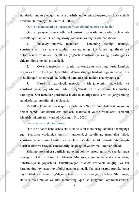 liklarni erta aniqlash, materiallar va ish resurslarini samarali ishlatish imkoniyatini yaratadi (karimov sh., 2020). statistika va sifat monitoringi qurilish sifatini baholashda statistika va sifat monitoringi alohida ahamiyatga ega. statistika yordamida qurilish jarayonidagi xatoliklar, materiallar sifati, konstruksiyalar mustahkamligi va o‘lchov natijalari tahlil qilinadi. shu orqali qurilish sifati va jarayon samaradorligi haqidagi obyektiv ma’lumotlar olinadi. sifat monitoringi esa qurilish jarayonini doimiy nazorat qilish va standartlarga mosligini tekshirish tizimi hisoblanadi. monitoring yordamida materiallar sifati, konstruksiyalar joylashuvi, ishlatilayotgan o‘lchov vositalari aniqligi va ish jarayonining loyihaga muvofiqligi nazorat qilinadi. natijalar rasmiy protokollarda qayd etiladi va zarurat tug‘ilganda tuzatish ishlari amalga oshiriladi. shu tariqa, statistik ma’lumotlar va sifat monitoringi qurilish jarayonini optimallashtirish, xatolarni kamaytirish va ish samaradorligini oshirish imkonini beradi (mirzaev o., 2017; islomov d., 2020). qurilishda sifatni baholash milliy (gost) va xalqaro (iso) standartlar asosida, turli baholash metodlari va sifat monitoringi orqali amalga oshiriladi. standartlar yordamida materiallar, konstruktsiyalar va ish jarayonlari ilmiy asosda baholanadi, xatoliklar …