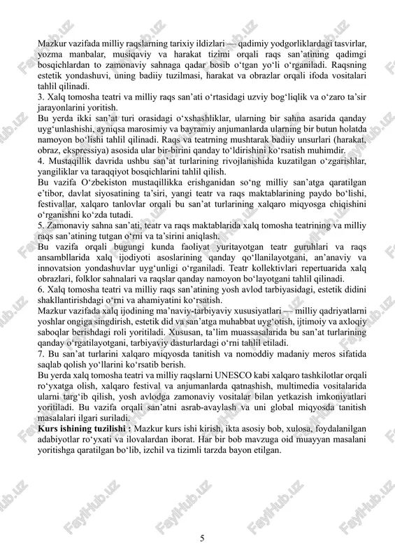 yatning estetik tarbiyasiga xizmat qilgan. kurs ishining predmeti: kurs ishining predmeti (o‘rganish nuqtai nazari): kurs ishining predmeti — bu xalq tomosha san’ati va milliy raqs san’ati orasidagi o‘zaro bog‘liqlik, ularning badiiy ifoda vositalari, estetik mazmuni, ijodiy shakllanish qonuniyatlari va jamiyatdagi kommunikativ-axborot vazifalari hisoblanadi.ya’ni, bu kurs ishida quyidagilar predmet sifatida o‘rganiladi:tomosha san’ati va raqs san’atining janr xususiyatlari, semantik tuzilishi va mazmun ifoda vositalari;ushbu san’at turlarining xalq ijodi mahsuli sifatidagi tabiati;ularning bir-birini to‘ldiruvchi estetik-funktsional rolini o‘rganish;xalq ijodining bu shakllari orqali milliy qadriyatlar, urf-odatlar va ijtimoiy hayotning sahnaviy ifodasi;milliy identitet va madaniy merosning avloddan-avlodga o‘tishidagi kommunikativ roli.predmet orqali siz xalq san’ati tarkibida shakllangan ko‘p qirrali badiiy hodisalarni: raqsning musiqiy hamrohligi, mimik ifodalar, dramaturgik elementlar, xalq hazili va falsafasining san’atdagi in’ikosi kabi jihatlarni o‘rganasiz. mavzuning maqsadi. ushbu kurs ishining maqsadi — o‘zbek xalq tomosha teatrining va milliy raqs san’atining shakllanishi, rivojlanishi va ularning mustaqillik davridagi o‘zgarishlarini tahlil qilish, zamonaviy san’atda ularning o‘rnini aniqlashdan iborat. …