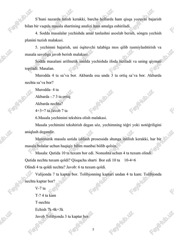 q materiallardan foydalanib amalga oshirish tavsiya qilinadi. birinchi masalalar darslikdagi rasmlarga va sxematik rasmlarga asoslanib yechiladi. masalan, ushbu: «maktab boğchasida 6 tup olcha va 9 tup órik bor. boğchadagi óriklar olchalardan necha tup ortiq». olcha tupini doiracha bilan, órik tupini uchburchak bilan tasvirlashga kórsatma berish kerak. hosil bólgan rasmdan shu masalani yechish uchun amala tanlashda foydalaniladi: uchburchaklar doirachalaridan qancha ortiqligini bilish uchun hamma uchburchakdan nechta doirachaning rasmi solingan bólsa, shuncha uchburchakni ayirish kerak. sxematik rasm masalada berilganlarni tasvirlabgina qolmay, balki doirachalar uchburchaklardan 3 ta kamligini ayoniy kórsatadi ham. masalalar ustida ishlashda ma’lum sistemani belgilash va uni joriy qilish malakasini hosil qilish kerak. óquvchilar egallab olingan malaka va kónikmalarni bir-biriga boğliq holda va har bir aniq masala xususiyatlarini hisobga olgan holda qóllay olishni órganishlari muhim. matematik masala ustida ishlash davomida shunga intilish kerakki har bir masala bolalar uchun haqiqiy bilim manbai bólib qolsin. 1.2- boshlangʻich sinf o’quvchilariga murakkab masalalar yechishni o`rgatish …
