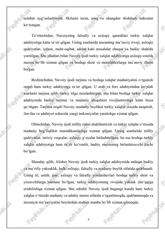 ilhom bergan. beshinchidan, navoiy ijodi tarjima va boshqa xalqlar madaniyatini o‘rganish orqali ham turkiy adabiyotga ta’sir qilgan. u arab va fors adabiyotidan ko‘plab asarlarni tarjima qilib, turkiy tilga moslashtirgan, shu bilan boshqa turkiy xalqlar adabiyotida badiiy tarjima va madaniy aloqalarni rivojlantirishga katta hissa qo‘shgan. tarjima orqali navoiy madaniy boylikni turkiy xalqlar orasida tarqatish, ilm-fan va adabiyot sohasida yangi imkoniyatlar yaratishga xizmat qilgan. oltinchidan, navoiy ijodi milliy ruhni shakllantirish va turkiy xalqlar o‘rtasida madaniy bog‘liqlikni mustahkamlashga xizmat qilgan. uning asarlarida milliy qadriyatlar, tarixiy voqealar, axloqiy g‘oyalar birlashtirilgan, bu esa boshqa turkiy xalqlar adabiyotiga ham ta’sir ko‘rsatib, badiiy merosning birlashtiruvchi kuchi bo‘lgan. shunday qilib, alisher navoiy ijodi turkiy xalqlar adabiyotida nafaqat badiiy va ma’rifiy yuksaklik, balki axloqiy, falsafiy va madaniy boylik sifatida qadrlanadi. uning til, uslub, janr, axloqiy va falsafiy yondashuvlari boshqa turkiy shoir va yozuvchilarga namuna bo‘lgan, turkiy adabiyotning rivojida yuksak cho‘qqiga erishilishiga xizmat qilgan. shu sababli navoiy ijodi bugungi kunda …
