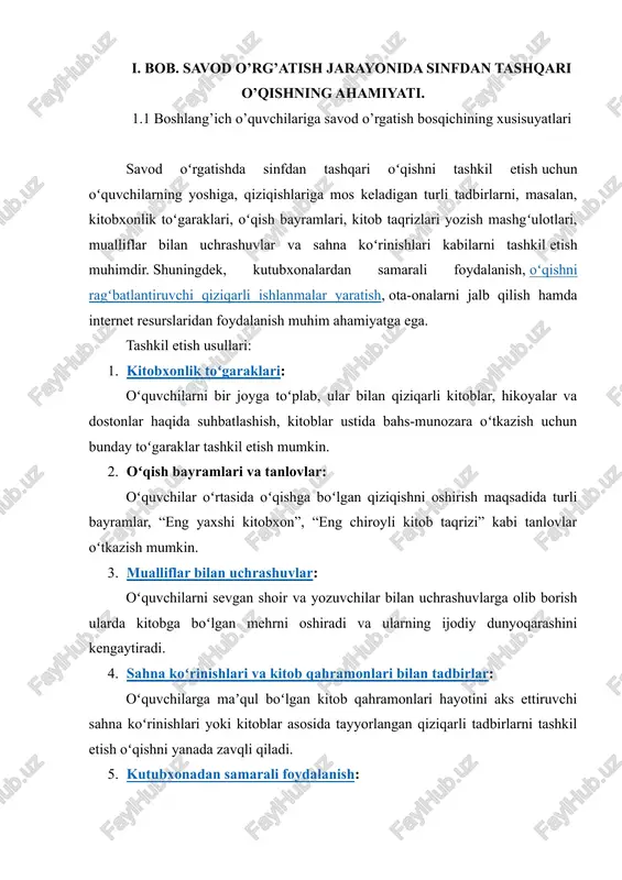 larni tashkil etish oʻqishni yanada zavqli qiladi. 5. kutubxonadan samarali foydalanish: maktab kutubxonalarini zamonaviy axborot texnologiyalari bilan jihozlash, internetga ulash hamda undan foydalanish imkoniyatlarini kengaytirish lozim. 6. ota-onalarni jalb etish: ota-onalarga farzandlariga kitob oʻqib berish, birgalikda kitoblar haqida gaplashish va ularga namuna boʻlish muhimligini tushuntirish kerak. 7. internet resurslaridan foydalanish: oʻqishni ragʻbatlantiruvchi elektron kitoblar, audio kitoblar, foydali veb-saytlar hamda interaktiv oʻqish platformalaridan foydalanish lozim. bu usullar orqali oʻquvchilarda kitobga boʻlgan qiziqishni oshirish, ularni oʻz ustida ishlashga undash va savodxonlik darajalarini koʻtarishga erishish mumkin. respublikamizda joriy yilda oʻzbekiston respublikasi prezidenti sh.m.mirziyoev tashabbusi bilan yoshlarga e‟tiborni kuchaytirish, yosh avlodni madaniyat, san‟at, jismoniy tarbiya va sportga keng jalb etish, ularda axborot texnologiyalaridan toʻgʻri foydalanish koʻnikmasini shakllantirish, yoshlar oʻrtasida kitobxonlikni targʻib qilish, xotin-qizlar bandligini ta‟minlash yuzasidan 5 ta muhim tashabbus ilgari surildi . shu ma‟noda ana besh muhim tashabbuslardan biri - yoshlar oʻrtasida kitobxonlikni targʻib qilish, ularda kitobxonlik madaniyatini shakllantirishda sinfdan tashqari oʻqish darslari …