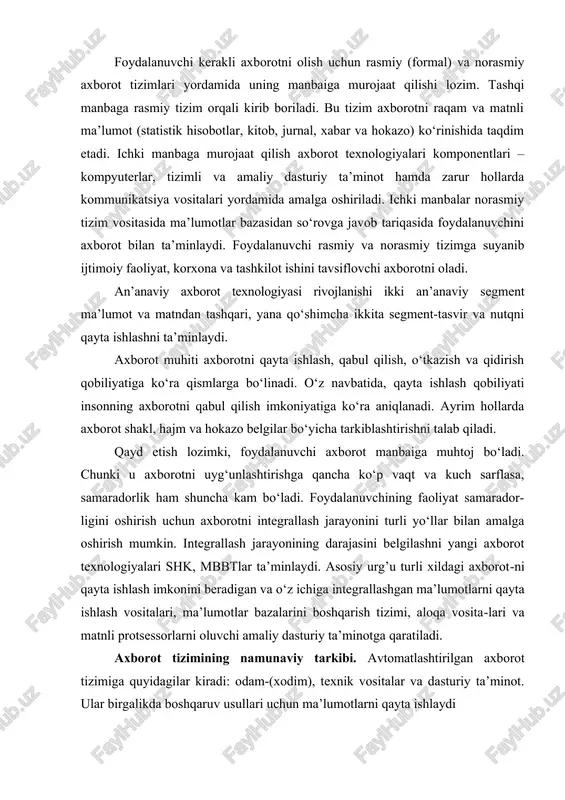 ash majmuisi bir necha protsessordan iborat bulib, u yagona tashki kurilmalardan va umumlashtirilgan yoki taksimlangan tezkor xotiradan iborat buladi. shuni takidlash lozimki, xozirli zamonaviy tizimlar orasida klasterli tizimlar tez rivojlanib ketdi. agar taksimlangan xotira bevosita alohida kompyuter va operatsion tizim bilan ta’minlangan bulsa, bu klasterli (clusters) tizim hisoblanadi. klasterlarda har bir blok boshqalari bilan aloka kanallari orkali boglanadi, undagi tezlik kamida 10 gbit/sek bo’ladi. afzalliklari - oddiylik va arzonligi. masalan, oddiy kompyuterlarni aloka kanali orkali , masalan ethernet orkali birlashtirib klaster yaratish mumkin. - ma’lumotlar almashuvi past bo’lgan masalalarni samarali yechish. har bir kompyuterning tulik bandligini ta’minlaydi, chunki operativ xotirani bushashini kutib utirmaydi. - katta xajmdagi operativ xotira talab qiladi gan masalalarni yechish imkoni mavjud. umumiy xotira xajmini «cheksiz» oshirish imkoni mavjud. fakatgina masalani kichik mustakil masalalarga bulaklash talab etiladi. - masshtablashtirish imkoni. istalgancha hisoblash mashinalarini qo‘shish imkoni mavjud va bunda tizimni narxi undagi mashinalar soniga proporsional bo’ladi. shu bois …