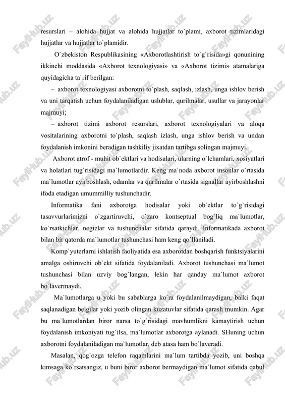 deb aytish mumkin. ma`lumotlar bir - biri bilan o`zaro bog`langan dalil va raqamlar, fikrlar to`plamini ifodalaydi. axborot va ma`lumotlar o`rtasidagi farq ta`kidlanmaydigan hollarda ular anonim sifatida ishlatiladi. iqtisodiy axborot - axborotning eng muhim turlaridan biri hisoblanadi. iqtisodiy axborot ishlab chiqarish jarayonlari, moddiy resurslar, bozorlar, bank va moliya muassasalari faoliyati bilan to`g`ridan- to`g`ri bog`liqdir. jamiyatning rivojlanish tarixida bir necha axborot inqiloblari ro`y berdi – axborotni qayta ishlash sohasida tub o`zgarishlar sodir bo`lgani tufayli ijtimoiy munosabatlarda o`zgarishlar yuzaga keldi. bunday o`zgarishlar oqibati sifatida insoniyat jamiyati yangi sifatga ega bo`ldi. so`ngi axborot inqilobi yangi soha – yangi bilimlarni ishlab chiqish uchun texnologiyalar, uslublar, texnik vositalarni ishlab chiqarish bilan bog`liq axborot sanoatini oldingi safga olib chiqdi. axborot texnologiyalari, ayniqsa, telekommunikatsiyalarning barcha turlari axborot sanoatini eng muhim tarkibiy qismlaridir. zamonaviy axborot texnologiyasi komp`yuter texnikasi va aloqa vositalari sohasidagi yutuqlarga tayanadi. axborot texnologiyasi (at) ob`ekt, jarayon yoki hodisaning holati haqida yangi sifat axboroti olish uchun ma`lumotlar …