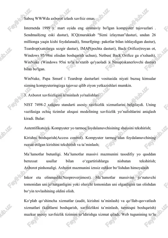 amli imzosi bor. ideal variantda bu tizim yer yuzining har qanday ikki nuqtasidagi foydalanuvchi uchun sertifikatlar zanjirini tuzib beradi. bu zanjircha kimgadir maxfiy xatni imzolash, hisob bo‘yicha pul o‘tkazish yoki elektron kontrakt tuzish uchun, boshqa kishi uchun – hujjat manbaini va imzolovchi shaxsning aslini tekshirib bilish imkonini beradi. nist bir necha boshqa tashkilotlar bilan bu yo‘nalishda ish olib bormoqda. internetga ulangan tarmoqlar xakerlarning tajovuzi tufayli ochiq muloqotga xalal bersa xam brandmauerlar o‘rnatib oldilar. pgp ga o‘xshash mukammal dasturlar bo‘lmaganda ochiq tarmoq bo‘lishi ham mumkin bo‘lmas edi. 4. amaliy tavsiyalar tarmoqni kompyuter tajovuzlaridan himoyalash doimiy va o'z-o'zidan yechilmaydigan masaladir. lekin qator oddiy himoya vositalari yordamida tarmoqqa suqulib kirishlarning ko'pchiligini oldini olish mumkin. masalan yaxshi konfiguratsiyalangan tarmoqlararo ekran va harbir ish stantsiyalari(kompyuterlar)da o'rnatilgan virusga qarshi dasturlar ko'pchilik kompyuter tajovuzlarini barbod etadi. quyida intranetni himoyalash bo'yicha 14 amaliy tavsiya bayon etilgan. xavfsizlik siyosati lo'nda va aniq qo'yilishi lozim. intranet tarmog‘i xavfsizligi bo‘yicha yorqin …