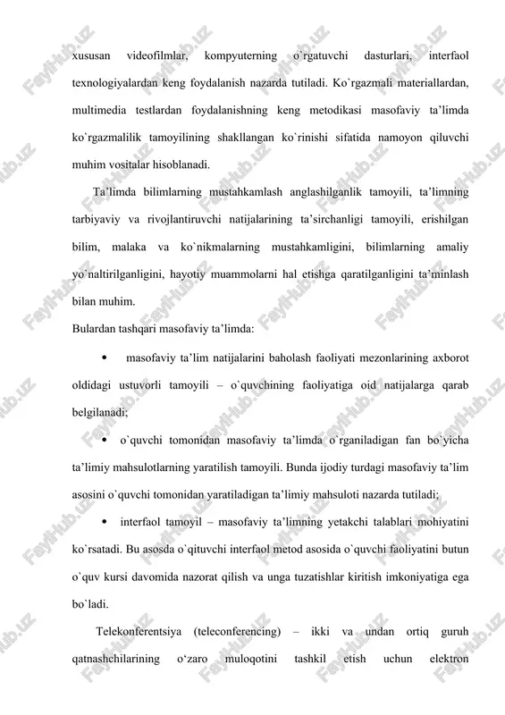 kiritilgan interfeysning qulayligi, pedagoglarga yangi axborot texnologiyalarini yaxshi o‘zlashtirishlari imkonini yaratadi. bu bilimlarni uzatishda, malaka va ko‘nikmalarni shakllantirishda katta ahamiyatga ega. kompyuter texnologiyalarining o‘quv jarayonida asosli qo‘llashning yana bir muhim jihati, real jarayonlar va eksperimentlarning kompyuter modelini yaratish bilan aloqadorligidir. kompyuter yordamida ma’lumotlarni qayta ishlash, model va natijalarning namoyishi, ko‘p hollarda, qimmat turadigan eksperimental qurilmalarga bo‘lgan ehtiyojni o‘rnini bosadi, ayrim hollarda (atom va kvant fizika, yarim o‘tkazgichlar, kimyo, biologiya, tibbiyot va boshqa fanlardagi jarayonlarni modellashtirish) jarayonni namoyish etishning yagona usuli sanaladi. internetdan ta’lim jarayonida foydalanishdagi ba’zi muammolar internetdan ta’lim jarayonida foydalanish ba’zi muammolarni keltirib chiqarishi mumkin. internetdagi axborotlar hajmining juda kattaligi, umumiy tuzilmaning yo‘qligi axborot qidirishni qiyinlashtiradi. zarur axborotni qidirishjarayonida nazoratsiz tinglovchi noma’lum saytlarga (chat, anekdot, o‘yinlar) kirib asosiy maqsaddan chetga chiqishi mumkin. ta’lim sifatining oshishi tinglovchilarga yangi texnologiyalardan foydalanish imkoniyatini berish orqaligina emas, balki bunday texnologiyalar o‘qish jarayonida qanday metodlardan foydalanishiga bog‘liq. shuning uchun o‘qituvchining nazoratisiz o‘qish jarayonini tashkil …
