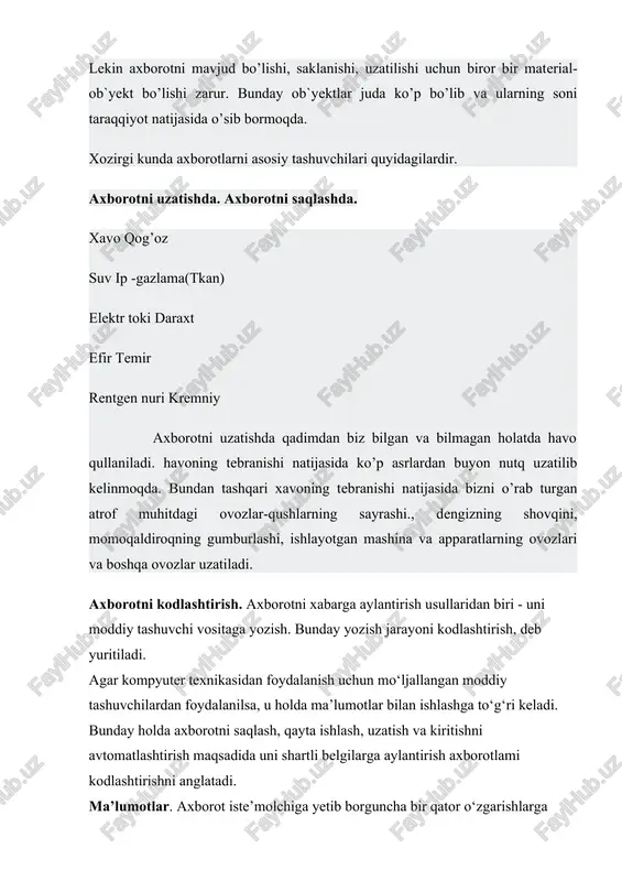 ab chiqish imkonini beradi. semantik jihat axborotlarni o‘rganishda axborotning mohiyatini ochish va uning elementlarining mazmuniy ahamiyati o‘rtasidagi munosabatlami ko‘rsatish imkonini beradi. ushbu jihat axborot qismlari o‘rtasidagi bog‘liqliklarni ko‘rib chiqadi. mazkur darajada axborot majmuyining tashkil bo‘lish qonuniyatlari (rekvizitlardan ko‘rsatk ichlar, ko‘rsatk ichlard an hujjatlar shakllantirish) tadqiq etiladi. axborotning miqdoriy bahosi ma’lum darajada axborotning shakllanish jarayonini bayon etish, hujjatlar harakatlanishining oqilona yo‘nalishini hamda ularni qayta ishlashning texnologik variantini tanlash imkonini beradi. xullas, axborotni turli jihatlardan o‘rganish ularning tartibi va tarkibini, paydo bo‘lish qonuniyatini, hajm, vaqt va sifat jihatidan tavsifini (to‘liqligi, ishonchliligi, eskirmaganligi, aniqligini) aniqlash, shuningdek, axborot olish, qayta ishlash, himoya qilish imkonini beradi. mamlakatimizda ta’lim tizimida maktab fanlarini o‘qitishda akt’dan samarali foydalanish dolzarb masaladir. aynan axborot texnologiyalari ta’limning universal vositasi hisoblanib, nafaqat o‘quvchilarda bilim, ko‘nikma va malakalarni shakllantirish imkonini beradi, balki shaxsiy xususiyatlarini rivojlantirish, bilishga qiziqishlarini qondiradi. pedagogik va psixologik tadqiqotlarda shu narsa ta’kidlanmoqdaki, akt o‘quvchilarning nazariy, ijodiy va refleksiv tafakkuri rivojlanishiga …