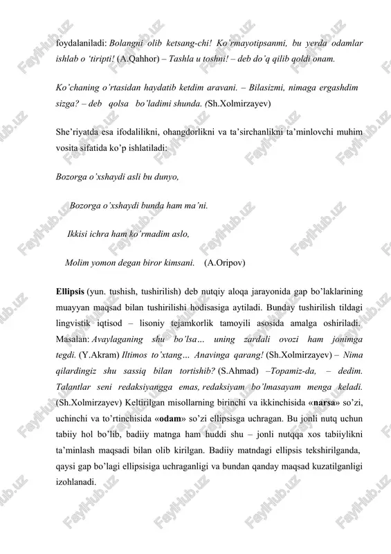 ri falonchiyev janoblari aytganlariday, bu tuproq o’rusiya tojidagi oliy qimmat dur, ha, dur! (t.murod) 3. qahramonning ma’lum muddat o’ylanib qolganligini ifodalashda: – o’zi… poshsho kattami, vazir kattami? (t.murod) – bolalarim… -deydi. oppoq soch odam labiarini rho’chchaytirio’cho’chchaytirib o’ylab qoladi. ~ bolalarim… ~ deydi – men sizlarni bola deyishgayam tilim bormayapti. sizlar kattatar hayotini boshdan kechiryapsiz. (t.murod). odatda, qahramonning sukuti (jim qolishi) ko’p nuqta bilan belgilanadi. lekin, shuni unutmaslik kerakki, ko’p nuqta bilan tugallangan hamma gaplar ham sukutga misol bo’lavermaydi. ba’zan muallifning o’zi qahramonning jim qolishi va uning sababini bayon qiladi. bunday vaziyatda ekspressiv effekt sezilarsiz darajaga tushadi: xotini nima desa «yo’q» deydigan so’fi bu safar birdaniga «yo’q» demasdan, xayolga ketdi. sukut-uzoqqa cho’zilganidan keyin qurvonbibi endi bu safar jiddiy bir chehra bilan: – nimaga indamaysiz? xo’p deng! katta odam, uyat bo’ladi. bir yaxshi xotinlari, bir otincha qizlari borki… (cho’lpon). gradatsiya (lot. gradatio – zinapoya, bosqichma bosqich kuchaytirish). nutq parchalaridan biri ikkinchisining ma’nosini …