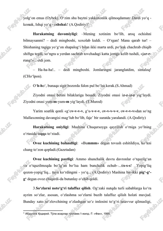 n yelkam qoqdi. –barra kalla, barra kalla! – dedi. rejissyor yelkam qoqa-qoqa meni mashina taraf jo‘natdi. men yo‘l-yo‘lakay raisimizdan so‘radim: –rais bova, rejissyor nima deyapti? –barakalla deyapti, barakalla.(t.murod) alliteratsiy. badiiy nutqning ohandorligini va ta’sirchanligini ta’minlashda alliteratsiyaning o‘rni beqiyosdir. she’riy nutqda misralar, undagi so‘zlar hamda bo‘g‘inlar boshida yoki oxirida bir xil undosh tovushlarning takror qo‘llanishiga alliteratsiya deyiladi. tovushlar zamiridagi musiqiylikka asoslangan bu usul qadimdan sharq she’riyatida keng qo‘llanilib kelingan. ko‘hna badiiyatshunoslik(«ilmi bade’»)da alliteratsiya «tavzi’ san’ati» deb yuritilgan. alliteratsiya deganda zabardast shoir erkin vohidovning mashhur «q» alliteratsiyali she’ri ko‘z oldimizga keladi: qaro qoshing, qalam qoshing, qiyiq qayrilma qoshing qiz, qilur qatlimga qasd qayrab – qilich qotil qaroshing, qiz. qafasda qalb qushin qiynab, qanot qoqmoqqa qo‘ymaysan. qarab qo‘ygil qiyo, qalbimni qizdirsin quyoshing qiz. bunday usulni shoir elbek ijodida ham kuzatish mumkin: ko‘klamda ko‘karsa ko‘k ko‘katlar, ko‘klarga ko‘milsa katta-kattalar, ko‘m-ko‘k ko‘karib ko‘rinsa ko‘llar, ko‘ngilni ko‘tarsa ko‘rkli gullar. yoki, abdulhamid sulaymon cho‘lponning mashhur «xalq dengizdir» …