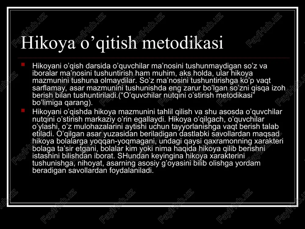 hilarning o’zlari savol tuzib, javob berishlari, so’z bilan grafik rasm chizish, plan tuzish, qayta hikoyalash, ertak aytish kabi ish turlaridan foydalaniladi. bu ertaklarda hayvonlarning odatlari tahlil qilinadi, ammo ularni kishilar xarakteriga taqqoslash tavsiya qilinmaydi. maktab tajribasidan ma’lumki, kichik yoshdagi o’quvchilar ertakdagi hayvonlar gapirmasligini, tulki va turna bir-biriga mehmonga bormasligini yaxshi biladilar, ammo ertaklar dunyosini hayotiy hikoya kabi qabul qiladilar. ertakni o’qib, tahlil qilganda, barcha ishlar uning mazmunini yaxshi idrok etishga, sjyuet rivojini qatnashuvchi personajlarning xatti-harakati, o’zaro munosabatlarini to’g’ri tasavvur etishga yo’naltiriladi. ertak ustida ishlashning oxirgi bosqichida “ertakda sizga juda yoqqan joyini o’qing, nima uchun yoqqanini ayting. hayotingizda mana shu ertakdagiga o’xshash voqealar bo’lganmi?” kabi savol-topshiriqlar yordamida o’quvchilarning ertak xulosasini tushunishlariga erishiladi. ertak o’quvchilar uchun ertakligicha qolishi va bolalar hayotidagi hodisalarga avtordek yondoshishga o’rganishlari uchun shuning o’zi kifoya. ertak o’qish metodikasi. boshlang’ich sinf o’quvchilari hayvonlar haqidagi ertaklardan tashqari, “davlat”, “tuz haqi”, “ovchi, ko’kcha va dono”, “ilm afzal” kabi ertaklarni ham o’qiydilar. …