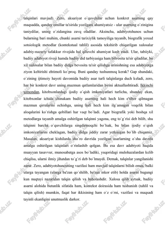 ilarga singdirmoqchi bo`lsak, bu bilan ijodiy o`qish imkoniyatlarini cheklagan, badiiy didga jiddiy zarar yetkazgan bo`lib chiqamiz. masalan, aksariyat kishilarda sho`ro davrida yozilgan asarlarning o`sha davrda amalga oshirilgan talqinlari o`rinlashib qolgan. bu esa davr adabiyoti haqida muayyan tasavvur, munosabatga asos bo`ladiki, yuqoridagi mulohazalardan kelib chiqilsa, ularni ilmiy jihatdan to`g`ri deb bo`lmaydi. demak, talqinlar yangilanishi zarur. zero, adabiyotshunosning vazifasi ham mavjud talqinlarni bilish emas, balki ularga tayangan (ularga ba'zan qo`shilib, ba'zan inkor etib) holda asarni bugungi kun nuqtayi nazaridan talqin qilish va baholashdir. xulosa qilib aytsak, badiiy asarni alohida butunlik sifatida ham, kontekst doirasida ham tushunish (tahlil va talqin qilish) mumkin, faqat har ikkisining ham o`z o`rni, vazifasi va maqsadi tayinli ekanligini unutmaslik darkor. badiiy asarni kontekstual tahlil qilishda unga turli jihatlardan yondashish mumkinki, shu asosda bir qator tahlil metodlari haqida gapirish mumkin bo`ladi. sotsiologik tahlil metodi tadqiqotchini badiiy asar voqeligi bilan real voqelik munosabatlari, uning tarixan haqqoniylik darajasi, hayot haqiqati bilan …