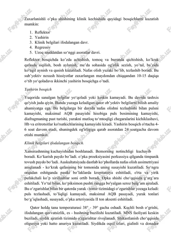 shni butkul to’xtatish, kardiotonik dorilarni yuborish, yaraga ishlov, og’riqsizlantiruvchi dorilar yuborish. maxsus yordam - yurak - tomir, nafas va asab tizimi faoliyatlarini ushlab turishga yo’naltirilgan tadbirlarni davom ettirish. 2.3. o'tkir o‘pka shishi o’tkir o’pka shishi asosan bo‘g’uvchi zm (fosgen, difosgen) bilan ingalyatsion shikastlanishda, raketa yoqilg'ilari komponentlari va texnik suyuqliklardan (oksidlovchilar va birinchi navbatda ftor va uning birikmalarida azot kislotasidan va azot oksidlaridan, ammiakdan va boshqalardan) shikastlanishlarda rivojlanadi. bu shikastlanishlar patogenezi murakkab. o‘pka shishi rivojlanishida shikastlovchi omilni mahalliy - o‘pka to‘qimasiga ta'siri va zaxarlanishda yuzaga keladigan umumjy o'zgarishlarga bog’liq. zm o’pkaga tushib, o’pka membranasini shikastlaydi, uning o‘tkazuvchanligi oshadi, natijada qonning suyuq qismi alveola bo'shlig'iga sizib chiqadi. bunda yuzaga keladigan qator omillar: o'pkani qonga to‘lishganligi, gipoksiya, atsidoz va boshqalar jarayoni avj oldirishga turtki bo’ladi. zm qitiqlovchi ta’siridan yuzaga kelgan o‘pkaga qon to’lishining kuchayishidan kapilyarlar membranasi cho‘ziladi va yupqalashadi, natijada qonni suyuq qismi atrof to’qimaga chiqishi kuchayadi. kapilyarlar o’tkazuvchanligini buzilishida gipoksiyanning ahamiyati ma'lum. …