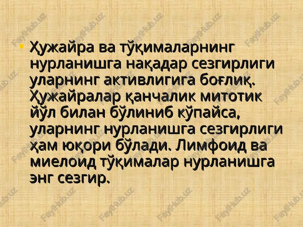 r, nurning tanaga uzok vakt mobaynida bir xil ta'sir etishi bilan ifodalanadi. 2. ikkinchi davr nurning xam tashkaridan xam odam ichiga tushib ta'sir etishi xollarini uz ichiga olib, bunda nur aloxida bir a'zoga maxalliy ta'sir kursatishi mumkin. 3. uchinchi davr umumiy va maxalliy nurlanishlar jamlanmasidan iborat xollarni uz ichiga oladn. taxminan 1- 1,5 grey nur olgan odamda kasallik belgilari yakkol sezilmasa, 4- 5 grey nur olgan bemorlarga nurlanish kasalligining ogir kechishi kuzatiladi. surunkali nurlanish kasalligi ogir kechganda kon kuyilishi, kon ishlab chikaruvchi a'zolar faoliyatining keskin emonlashishi, markaziy asab majmuasi va ichki a'zolarda kaytmas jarayonlar kechadi, yukumli kasalliklar xuruj kilishi mumkin. ogir kamkonlik xolati leykotsitlar sonining kamayib granulotsitlar konda yukolib ketishi, trombotsitlar kamayib ketishi bilan kechadi surunkali nurlanish kasalligini davolash printsiplari. 1. dezintoksikatsion. 2. antigistamin preparatlar. 3. umumiy kuvvatlovchi terapiya. 4. kuyishga karshi. 5. antibakterial preparatlar. 6. urinbosar terapiya.