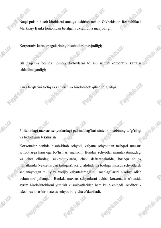 rporativ kartalar ishlatilmaganligi; kurs farqlarini to’liq aks ettirish va hisob-kitob qilish to’g’riligi. takrorlash uchun savollar: kassa muomalalarini tekshirishning vazifalari va ketma-ketligi nimalardan iborat? kassa qoidalariga rioya qilinishini tekshirishga nimalar kiradi? kassadagi naqd pullar va qimmatli qog’ozlarni to’g’ri saqlanishini qanday tekshiriladi? bank muomalalarini tekshirishning vazifalari va ketma-ketligi nimalardan iborat? kassa va bank muomalalarini audit qilish uchun qaysi hujjatlar va buxgalteriya schetlari tekshirish manbalari bo’lib hisoblanadi? xorijiy valyutadagi pullarni qabul qilish va tarqatishni nazorat qilish qanday amalga oshiriladi? o’zbekiston respublikasida naqd pulsiz hisob-kitoblarni qaysi me’yoriy hujjatlarga muvofiq tartibga solinib turiladi? xorijiy valyutada amalga oshirilgan hisob-kitoblarni audit qilishda qaysi hujjatlarni teshkirish zarur bo’ladi? valyuta schetini audit qilishning asosiy xususiyatlari nimalardan iborat? 19-bob. hisob-kitoblar auditi. hisob-kitoblar auditining maqsadi, vazifalari va ma’lumot manbalari ichki hisob-kitob muomalalari xodimlar va yollangan shaxslar bilan mehnat haqi bo’yicha, hisobdor shaxslar va boshqa muomalalar bo’yicha xodimlar bilan hisob-kitoblarni o’z ichiga oladi. bu hisob-kitoblar asosan naqd pul bilan amalga oshiriladi. shuning …