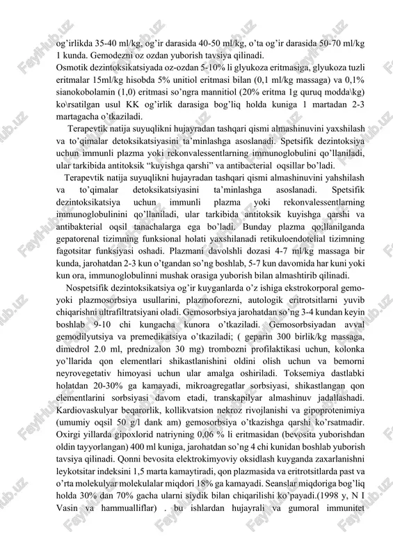 rtirovkadan avval og’riq qoldiruvchi va sedativ dorilar beriladi. shokka qarshi narkotik og’riq qoldiruvchilar va neyroleptoanalgeziya dorilari (dropiredol,fentanil) qilinadi. gospitalda (yoki shifoxonada) yordam ko’rsatilganda birinchi navbatta shokka qarshi chora tadbirlar amalga oshiriladi. bemorlarga faolinfusion davolash o’tkaziladi. bunda evans formulasidan foydalanish tavsiya qilinadi: masalan kuyish maydoni 20%, shikastlanganni taxminiy og’irligi 70kg. 1 sutkada: 70kg x 20% =1400 1400 ml elektrolit suyuqlik (nacl fiziologik eritmasi) + kolloid eritma (masalan, reopoliglyukin, yoki oqsil gidrolizatlari) + 2l 5% glyukoza eritmasi. 2 sutkada: 1 sutkada yuborilgan suyuqlikni yarmi: 700 ml elektrolit eritma + 700 ml kolloid eritma +1l glyukoza eritmasi 5% 3 sutkada: infusion davoni individual xal qilish tavsiya qilinadi. a) kuyish maydoni kattaroq bo’lsa ko’proq suyuqlik qilish b) kuygan odamni yoshi 50 dan oshgan bo’lsa kamroq suyuqlik quyish (yurak yetishmovchiligini oldini olish maqsadida) v) diurezga qarab 30-60 ml/s bo’lsa diurez suyuqlik yuborishni davom ettirish mumkin. 30ml/s dankam bo’lsa suyuqlik yuborishni to’xtatish, yoki kamaytirish tavsiya qilinadi. …