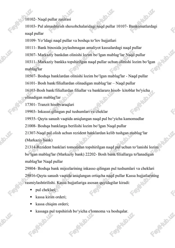 deri; · kassa chiqim orderi; · kassaga pul topshirish boʻyicha e'lonnoma va boshqalar. bank kassasidan naqd pul olish uchun foydalaniladigan naqd pul cheklari bir xil siyohli yoki sharikli ruchka bilan qoʻlda toʻldirilgan boʻlishi shart. hujjatning to'ldirilmagan qismlarga ikkita parallel chiziq tortilishi lozim. hisobvaraq egasining nomi, uning hisobvaraq raqami va bank nomi cheklarda hamda e'lonlarda burchak shtamplar bilan ko'rsatilishi mumkin. bankda beriladigan naqd pul hujjatlarida so'z bilan yoziladigan summa satrning boshidan katta harf bilan boshlanishi shart. «summa raqam bilan» hamda «summa so'z bilan»> rekvizitlaridagi summadan oldin va keyin qolgan boʻsh joylarga uchlari diagonal chiziq bilan birlashtirilgan ikki parallel chiziq tortib qo'yiladi. naqd pul chekining old tomonida albatta, naqd pul olish uchun korxona tomonidan ishonchnoma berilgan shaxsning ism-sharifi yoziladi. hisobvaraq egasi naqd pul cheklarining orqa tomonida xarajatlarning maqsadini koʻrsatishi shart, ushbu ma'lumotlar chek beruvchining imzolari bilan tasdiqlanadi va pul oluvchining pasporti yoki uning o'rnini bosuvchi hujjat (hujjat faqat o'zbekiston respublikasi mudofaa vazirligi, …