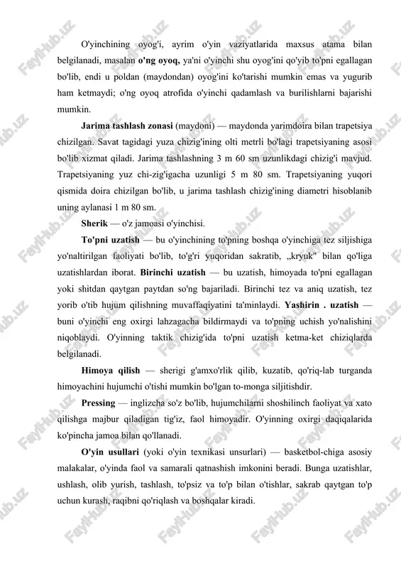 ini beradi. bunga uzatishlar, ushlash, olib yurish, tashlash, to'psiz va to'p bilan o'tishlar, sakrab qaytgan to'p uchun kurash, raqibni qo'riqlash va boshqalar kiradi. probejka yoki to'p bilan yugurish. o'yinchi to'pni olib yurishni boshlab, to'pni qo'lidan chiqarmaguncha u o'ng oyog'ini poldan (maydondan) ko'tarishga haqi yo'q. o'yinchi harakatda to'pni olib qo'lida to'p bilan ikki qadamdan ortiq yurish qila olmaydi, bu yoki u vaziyatda qoidani buzish probejka sifatida qayd qilinadi va to'p boshqa jamoaga beriladi. o'tish — o'yinchining to'psiz va to'p bilan harakatlanishi. chalishtirma o'tish deb, hujumchilarning guruhli o'zaro faoliyatiga aytiladi, bunda ikki o'yinchi har tomondan sherigi yonidan to'p bilan o'tadi. o'yinning taktik chizmasida o'yinchining harakat yo'li yoppasiga ingichka chiziqda belgilanadi. raqib — raqib jamoa o'yinchisi. o'yinchining turishi — foydali turish, o'yin faoliyatiga eng yaxshi tayyorgarlikni ta'minlaydi. taym-aut — inglizcha so'z bo'lib, musobaqa qoidasiga ko'ra jamoalar olishi mumkin bo'lgan daqiqali tanaffusdir. fint — inglizcha so'z bo'lib, aldamchi yoki chalg'ituvchi harakatdir. fint o'yinchining harakat …