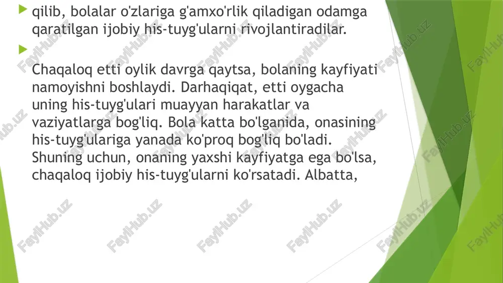 sini ifodalaydi. hissiyotlar real va xayoliy vaziyatlardan kelib chiqishi mumkin.ular ham tuyg`ular kabi inson tomonidan o`zining ichki kechinmalari sifatida qabul qilinadi, boshqa odamlarga uzatiladi, lekin tashqi xulq-atvorda sust namoyon bo`lishi mumkin. xulq-atvorda u yoki bu harakatga hamroh bo'lgan ular har doim ham amalga oshirilmaydi, garchi har qanday harakat hissiyotlar bilan bog'liq bo'lsa ham, chunki u ehtiyojni qondirishga qaratilgan. hammamiz, kelib chiqishidan qat'i nazar, inson yuzining ifodasini to'g'ri tushunishimiz va baholashimiz, boshqa odamlarning hissiy holatini aniqlashimiz mumkin. bu shuni ko'rsatadiki, asosiy his-tuyg'ular (quvonch, g'azab, qayg'u, qo'rquv, jirkanish va ajablanish) tug'madir, ammo "tirik mavjudotlarda ularni tushunish uchun genotipik jihatdan aniqlangan qobiliyat" (9) tuyg'ularsiz hayot xuddi hislarsiz hayot kabi mumkin emas. ch.darvin: «tuyg'ular evolyutsiya jarayonida tirik mavjudotlar o'zlarining shoshilinch ehtiyojlarini qondirish uchun muayyan shart-sharoitlarning ahamiyatini o'rnatadigan vosita sifatida paydo bo'lgan», - deb ta'kidladi. 2. bizning kunlarimizda his-tuyg'ularni va his-tuyg'ularni rivojlantirish, tarbiyalash kerakmi? bu mavzu bugungi kunda dolzarbmi? ilmiy jurnallardagi maqolalar bilan tanishar ekanmiz, …