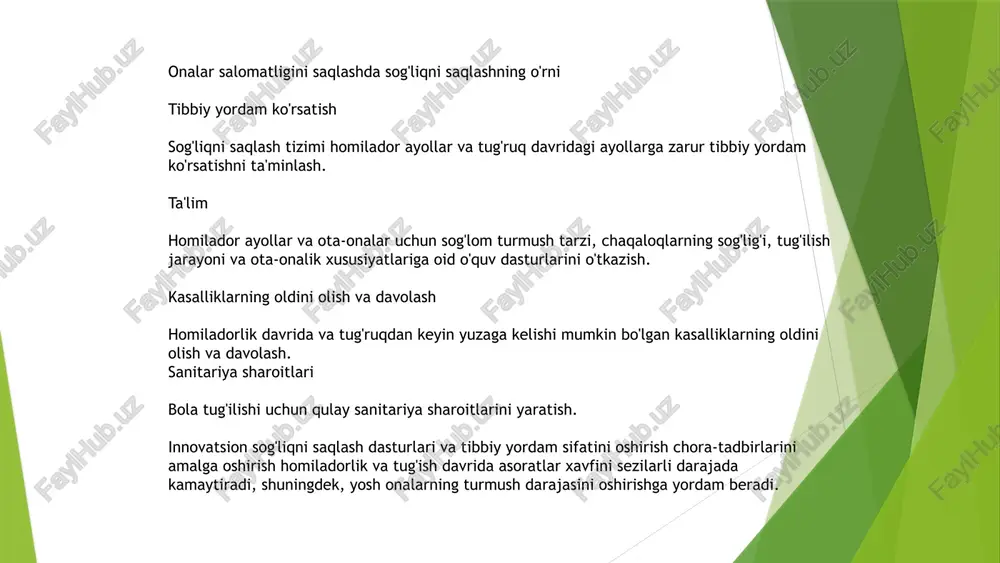 oyaga etishi uchun qilingan ishlarning salmog'i juda ulkan. “bolalarni asraylik” xalqaro tashkiloti tomonidan tuzilgan reytingda o'sib kelayotgan yosh avlod salomatligi haqida eng ko'p g'amxo'rlik ko'rsatadigan davlatlar orasida o'zbekiston 9-o'rinni egallagani bejiz emas yoki o'z-o'zidan bo'lib qolgani yo'q. mamlakatimizda sog'lom bola, sog'lom avlod masalasiga kompleks yondoshilmoqda. boshqacha aytganda, sog'lom bola tug'ilishi uchun avvalo ota-ona sog'lom bo'lmog'i lozimligiga katta e'tibor berilmoqda. prezidentimiz o'zbekiston respublikasi konstitutsiyasi qabul qilinganining 23 yilligiga bag'ishlangan tantanali marosimdagi ma'ruzasida “sog'lom bola sog'lom va ahil oilaning mevasi bo'lib, faqatgina sog'lom onadan sog'lom bola tug'iladi”, deb alohida ta'kidladi. bu masala mamlakatimiz mustaqillikka erishgan ilk yillardan alohida e'tiborda. o'sha ma'ruzada davlatimiz rahbari buni alohida qayd etdi: “biz mustaqillikka erishganimizdan so'ng sog'lom va barkamol avlodni voyaga etkazish, birinchi navbatda oila, onalik va bolalikni himoya qilish masalasini o'zimiz uchun eng muhim, ustuvor vazifa sifatida belgilab oldik”. xulosa ona salomatligi - kelajak poydevori. sog‘liqni saqlash sifatini oshirish, arzon tibbiy yordam ko‘rsatish, bo‘lg‘usi ota-onalarni o‘qitish …
