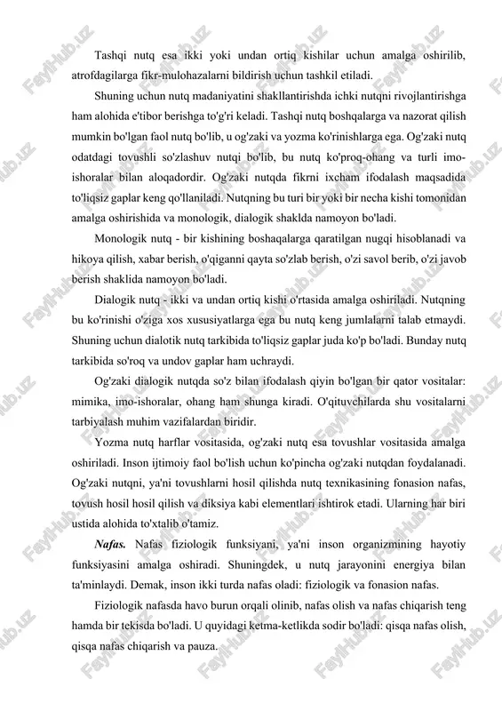 g'zaki nutqni, ya'ni tovushlarni hosil qilishda nutq texnikasining fonasion nafas, tovush hosil hosil qilish va diksiya kabi elementlari ishtirok etadi. ularning har biri ustida alohida to'xtalib o'tamiz. nafas. nafas fiziologik funksiyani, ya'ni inson organizmining hayotiy funksiyasini amalga oshiradi. shuningdek, u nutq jarayonini energiya bilan ta'minlaydi. demak, inson ikki turda nafas oladi: fiziologik va fonasion nafas. fiziologik nafasda havo burun orqali olinib, nafas olish va nafas chiqarish teng hamda bir tekisda bo'ladi. u quyidagi ketma-ketlikda sodir bo'ladi: qisqa nafas olish, qisqa nafas chiqarish va pauza. fonasion nafasda qisqa nafas olinadi, pauza va cho'ziq nafas chiqariladi. chunki tovush hosil qilish uchun havo oqimi zarur bo'ladi. fonasion nafas shakllanmagan bo'lsa nutq jarayonida hapqirib qolish, yurak urishi tezlashishi, yuz qizarib ketishi kabi holatlar kuzatiladi. nafas olish jarayonida ishtirok etadigan muskullar ishtirokiga qarab nafasni to'rt turga ajratiladi. yuqori nafas - yelka, ko'krak qafasi va o'pkaning yuqori qismi ishtirokida amalga oshiriladigan engil nafas turidir. ko'krak nafas …
