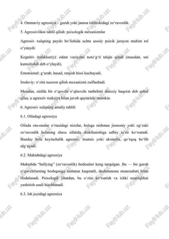 qiladi, turtadi yoki o‘yinchoqlarini tortib oladi. uy sharoitida esa vaziyat yanada murakkab: otasi oilani tark etgan, onasi doim ishda, bolaga deyarli e’tibor yo‘q. jahongir asosan buvisi bilan yashaydi, lekin u bolaning xatti-harakatlarini nazorat qila olmaydi. 2. kuzatuv va dastlabki tahlil maktab psixologi tomonidan bir necha hafta davomida o‘tkazilgan kuzatuv va suhbatlar asosida quyidagi belgilar aniqlandi: u tez asabiylashadi, o‘zini oson yo‘qotadi. o‘ziga tanbeh berilsa, zudlik bilan tajovuz bilan javob qaytaradi. diqqatni jamlay olmaydi, topshiriqlarni oxirigacha bajarmaydi. ba’zan pushaymonlik sezilsa ham, o‘z harakatlarini oqlashga urinadi. psixologik suhbatda u: > “hech kim meni yoqtirmaydi. men faqat o‘zimga ishonaman. agar menga tegishsa, men ham javob qaytaraman”, — deydi. 3. psixologik diagnostika psixolog tomonidan bir nechta diagnostik metodlar qo‘llanildi: bass–darki agressivlik testi – yuqori darajada jismoniy va so‘zli agressiya ko‘rsatkichlari aniqlandi. lusher testi – ichki bezovtalik va emotsional muvozanatsizlik belgilari bor. rne jil loyihaviy metodikasi – ota shaxsiga nisbatan g‘azab va ishonchsizlik, onaga nisbatan …