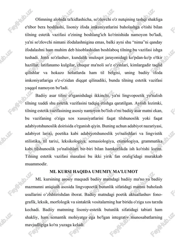 dligiga ko'ra yuzaga keladi. ml fanining maqsadi va vazifalari: talabalarni matn va uning tiplari, birliklari; badiiy matn va uning mazmuniy turlari, badiiy matnda intertekstuallikning ifodalanishi, badiiy matnni shakllantiruvchi vositalar, badiiy matnning fono-grafik (fonetik), leksik, morfologik va sintaktik xususiyatlari hamda lingvopoetik tahlil tamoyillari bilan tanishtirish, shuningdek, mazkur kurs bo'yicha o'zlashtirgan nazariy bilimlarini o'zbek adabiyotidagi eng sara badiiy asarlar tili tahlilida sinab ko'rishga o'rgatishdan iboratdir. ml fanini o'zlashtirishga qo'yiladigan talablar: talabalar mazkur fanni o'zlashtirganlaridan keyin matn va uning to'liq lingvistik ta'rifi, liplari, birliklari haqida to'g'ri tasavvurga ega bo'lishlari; badiiy matn va uning mazmuniy turlari, badiiy matnda intertekstuallikning ilodalanishi, badiiy matnni shakllantiruvchi vositalar, til birliklari orqali namoyon bo'ladigan estetik maqsadning yuzaga chiqish mexanizmlari haqida nazariy bilimlarga ega bo'lishlari; badiiy matnning fono-grafik, leksik, morfologik va sintaktik xususiyatlarini aniqiash bo'yicha amaliy ko'nikmalarni egallashlari; lingvopoetik tahlil tamoyillari asosida muayyan bir badiiy asarni mustaqil holda tahlil qilish malakasini egallashlari lozim. ml fanining boshqa fanlar bilan aloqasi. mazkur …