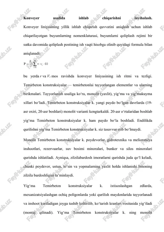 nlar, turli xil plitalar, molxonalar hamda issiqxonalar, yem saqlanadigan transheyalar uchun kerakli detallar, quduqlar uchun xalkalar va boshqa ishlab chiqariladi. bulardan tashqari bosim ostida yoki bosimsiz ishlaydigan temirbeton quvurlar, elektr va aloqa simlari uchun temirbeton ustunlar ham tayyorlanadi. bunday mahsulotlarning aksariyati standart oʻlchamlarda bajariladi. yigʻma temirbeton konstruksiyalar k. uchun betonning mustahkamligi yuqori boʻlgan turlari (v20— v40)dan foydalaniladi. temirbeton elementlarning choʻziladigan zonalariga qoʻyiladigan armaturalar oldindan zoʻriqtirilsa (tortib taranglashtirilsa), temirbeton konstruksiyalar k. ning yoriqlar hosil boʻlishiga qarshiligi ortadi. choʻzuvchi kuchlanishlar paydo boʻladigan konstruksiyalar (egiluvchan elementlar, quvurlar, rezervuarlar, minoralar va boshqalar) da oldindan zoʻriqtirilgan armaturali temirbetondan foydalanish yaxshi samara beradi. krlipga quyilgan beton qorishmasi mexanizatsiyalashgan usulda zichlashtiriladi. koʻpincha (ayniqsa, oldindan zoʻriqtirilgan konstruksiyalarni tayyorlashda) armaturaning oʻta mustahkam xillaridan, tez qotuvchan sementlardan foydalaniladi; betonning qotishini tezlashtirish uchun maxsus kameralarda bugʻlantiriladi. yigʻmaquyma (monolit) temirbeton konstruksiyalar k. yigʻma elementlarning kuyma beton bilan mustahkam birikmasi. bunda barcha tarkibiy qismlar birgalikda ishlaydi, konstruksiyaga qoʻyiladigan yuk barcha elementlarga tekis taqsimlanadi; …