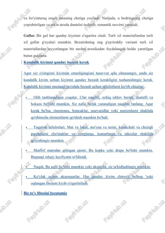 mlarini, masalan, yeng yoki dantelni echib oling. xo'sh, kiyimning tashqi ko'rinishi shartsiz o'zgarganda, siz, masalan, modelning uzunligini o'zgartirishingiz mumkin, orqa tomondan kesma yasashingiz, dumini tikishingiz, yenglarni tikishingiz, yoqasini o'zgartirishingiz mumkin. ya'ni, uslublarni biroz o'zgartiring. bularning barchasini kelajakda kechki libos va voila-dan yangi kiyim-kechak ajratib olish mumkin. qora libosni bezash g'oyalari qora libosning o'zi chiroyli va barcha ayollikni o'zida mujassam etgan. shunga qaramay, ba'zida u bezatilishi mumkin. qora ko'ylakni uning bezaklarini ta'kidlab qanday bezash kerak? har bir ayol uchun eng oddiy va eng oson usul - bu bo'yin ro'molining bepul garteridir. bundan tashqari, sharflar kamar sifatida ishlatiladi. bundan tashqari, turli xil ranglardagi shaffof shifondan tayyorlangan sharflar, ilmoqlar, kamonlar bilan bezash sizning kiyimingizga mayinlikni qo'shadi. kredit va to'r berish kerak. qora ko'ylakning asl dantelli ro'mol bilan kombinatsiyasi juda yaxshi. siz kiyimni xuddi shu qora ohangdagi dantelli qo'shimchalar bilan muvaffaqiyatli yangilashingiz mumkin. va eng samarali usul - bo'yin chizig'ining qirralarini dantelli lenta bilan …