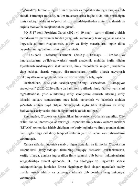 ustida tahliliy va psixologik izlanish olib borishga keng imkoniyat yaratmoqda. 1.2. xorijiy tillarda chop etilgan manbalarni tarjima qilish zamonaviy ilmiy tadqiqot ishlarida manbalarni keng qamrovda o‘rganish va tahlil qilish muhim ahamiyatga ega. ayniqsa, lingvistika va filologiya sohalarida, xususan ingliz tiliga oid ilmiy faoliyatda, xorijiy tillarda chop etilgan manbalarni o‘zlashtirish va ular asosida ilmiy tadqiqotlarni olib borish nazariy va amaliy jihatdan asosiy o‘rin tutadi. bu jarayonning markaziy qismi esa tarjima faoliyatidir. tarjima — bu ikki til va madaniyat orasidagi ko‘prik bo‘lib, nafaqat matnning so‘zma-so‘z ma’nosini, balki uning badiiy, madaniy va kontekstual xususiyatlarini ham aniq aks ettirishni talab qiladi. xorijiy tillarda chop etilgan manbalarni tarjima qilish orqali tadqiqotchi ilmiy manbaning mazmunini to‘liq anglab, uning asosida o‘z fikrlarini shakllantiradi va tahliliy izlanishlarni chuqurlashtiradi. filologiya, lingvistika va adabiyotshunoslikda ayniqsa ingliz tilidagi ilmiy maqolalar, monografiyalar, dissertatsiyalar, shuningdek badiiy matnlarning tarjimasi tadqiqotning asosiy vositasi hisoblanadi. tarjima jarayonida nafaqat lug‘aviy moslik, balki matnning stilistik xususiyatlari, badiiy obrazlarning …