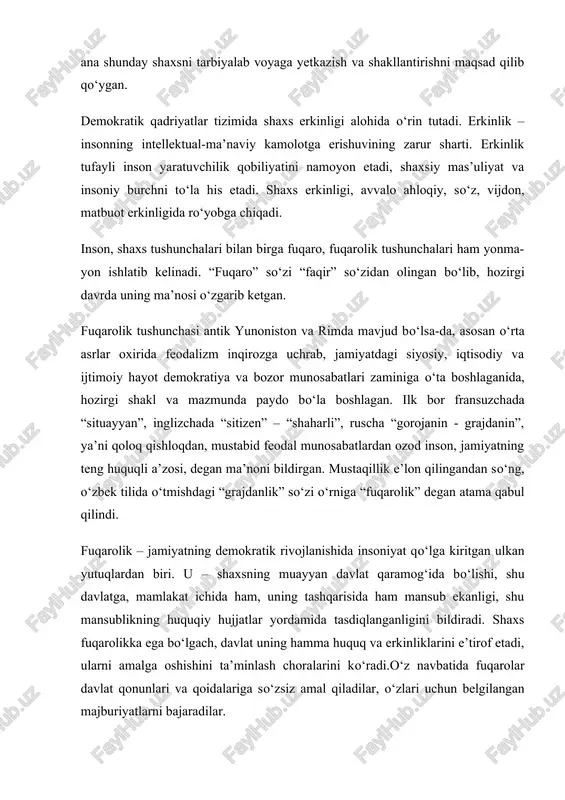 miz demokratik, fuqarolik jamiyatini qurish va barpo etishdir. fuqarolik jamiyati-insonga uni iqtisodiy, siyosiy va madaniy hayoti shakllarini erkin tanlashi kafolatlanadigan, qonun ustivorligi va inson huquqlari hamda erkinliklari qaror topadigan, ko‘p partiyaviylik, siyosiy institutlar, mafkura va fikrlarning xilma-xilligi ta’minlanadigan hamda o‘zini-o‘zi boshqarish organlarining mavqei baland bo‘lgan ijtimoiy tuzum. mamlakatimizda bunday jamiyatni barpo etish barkamol inson shaxsini shakllantirishni talab etadi, chunki fuqarolik jamiyati asoslarini barpo etishni inson omilisiz tasavvur etib bo‘lmaydi. prezidentimiz i.a.karimov ta’kidlaganidek, hozirgi sharoitda inson omili va mezoni barcha islohotlarimizning bosh yo‘nalishi va samaradorligining pirovard natijasini belgilab beradi. “fuqarolik jamiyati asoslarini barpo etishning eng muhim tarkibiy qismi ma’naviyat va ma’rifat sohasida, shaxsni muntazam kamol toptirish borasida uzluksiz ish olib borishdan iborat”. 9.2. ma’naviy barkamol inson tushunchasi keng qamrovli serqirra tushuncha. ma’naviy barkamol inson – komil inson tushunchasi bilan hamohangdir. ayni vaqtda ma’naviy barkamol inson tushunchasi sog‘lom avlod tushunchasi bilan ham bog‘lanib ketadi. ilmiy adabiyotlarda bu tushunchalar alohida-alohida ishlatilsa-da, mohiyatan ularning …