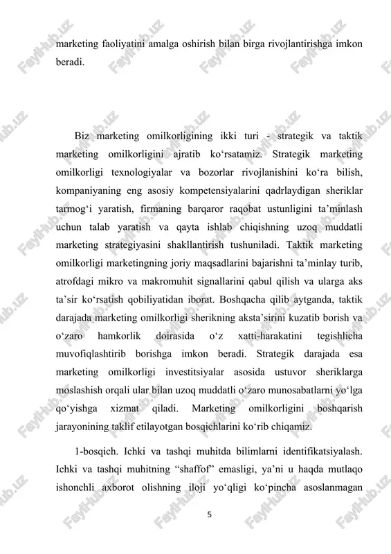 i rivojlantirish jarayonining quyidagi elementlari strategik yo‘nalishga ega: bilimlar egallash, bilimlar generatsiyasi, bilimlardan xalos bo‘lish, firmaning marketing strategiyasini ishlab chiqish uchun bilimlardan foydalanish. marketing bilimlari generatsiyasi bozorda o‘z so‘rovlari, kuzatishlari va eksperimentlarini o‘tkazishni anglatadi. bundan maqsad quyidagilarni qidirishdir : istiqbolli bozorlar6 ; raqobatbardosh tarmoqlar yaratish uchun eng maqbul sheriklar; foyda keltiruvchi xaridorlarni tanlay olish va ularning hayot davrining o‘rtacha qiymatini uzaytirish usullari; mavjud va doimiy talabga ko‘p javob beradigan tovarlar; eng foydali uzoq muddatli narx strategiyasi; talabni shakllantirish va qayta ishlab chiqishning so‘nggi yo‘llari; xaridorlarga xizmat ko‘rsatish bo‘yicha eng samarali xo‘jalik jarayonlari; ustuvor sheriklar bilan munosabatlarda o‘zaro ishonch va o‘zaro majburiyat muhitini shakllantirishga ko‘maklashuvchi omillar. zarur bilimlarni mustaqil ravishda rivojlantirishning iloji bo‘lmagan yoki bu maqsadga muvofiq bo‘lmagan hollarda bilimlar egallashdan foydalaniladi. egallash tashqi manbalardan ma’lumotlari “import” qilishni anglatadi. bunday manbalar qatorida quyidagilarni ko‘rsatish mumkin: ommaviy axborot vositalari; tarmoq sheriklar: etkazib beruvchilar, vositachilar, raqobatchilar, xaridorlar, banklar va boshqalar bilan o‘zaro munosabatlar; …