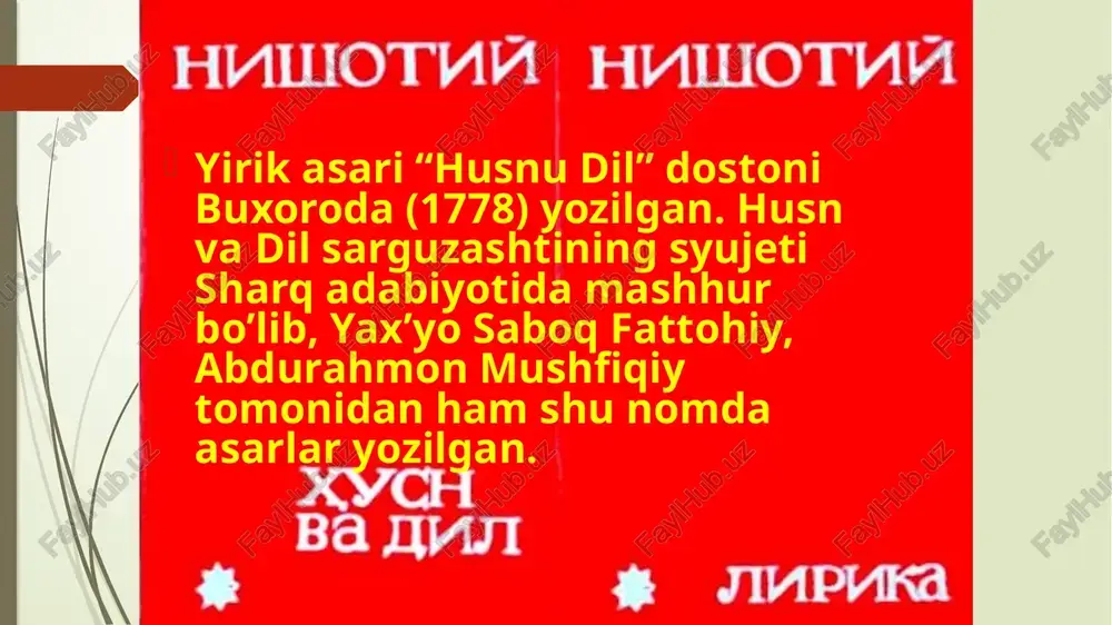 rik syujet, timsollar orqali fikr ifodasi. badiiy vositalar: personifikatsiya, ramziy obrazlar. andalib va nishotiy dostonlarining o‘xshashliklari ishqiy mavzular: har ikkala shoir dostonlarida sevgi markaziy o‘rinda. xalq og‘zaki ijodidan foydalanish: dostonlarda xalq qissalari, maqollar, rivoyatlardan foydalanilgan. ma’naviy-axloqiy g‘oyalar: ezgulik, sadoqat, vafodorlik targ‘ib qilingan. 11. andalib va nishotiy dostonlarining farqlari syujet qurilishi: andalib dostonlari an’anaviy syujetga ega bo‘lsa, nishotiy dostonlari majoziy-allegorik syujetga ega. badiiy ifoda: andalib tili sodda va xalqona, nishotiy tili esa murakkab va badiiy. maqsad: andalib asarlarida ko‘proq didaktik maqsad ko‘zlangan, nishotiy esa falsafiy-axloqiy masalalarni yoritgan. dostonlarning davr adabiyotidagi o‘rni adabiy an’analar: har ikkala shoir navoiy, fuzuliy, jomiy an’analarini davom ettirgan. yangi yo‘nalishlar: nishotiy dostonlarida majoziy-allegorik uslub orqali yangi yo‘nalishlar ko‘zga tashlanadi. dostonlarning bugungi kunda o‘rganilishi tadqiqotlar: andalib va nishotiy dostonlari ustida ilmiy izlanishlar olib borilmoqda. nashrlar: asarlarning qo‘lyozma va toshbosma nusxalari saqlanmoqda, ayrimlari nashr etilgan. xulosa. xulosa qilar ekanmiz, qur’oni karimda qissalarning go’zali deb atalgan yusuf qissasi juda qadimiy …