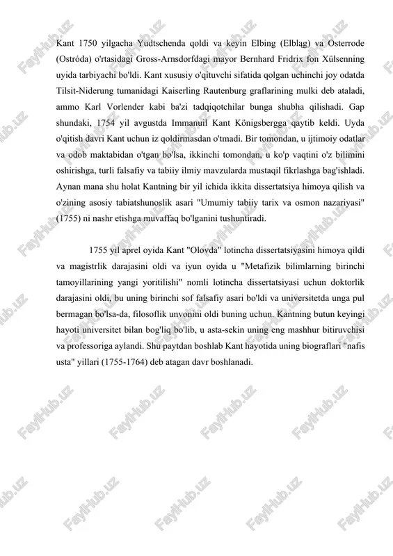 kantning otasi vafot etdi va oila qiyin moliyaviy ahvolga tushib qoldi. katta ehtimol bilan shu sababli kant bitiruv imtihonlarini topshirmasdan va magistrlik dissertatsiyasini himoya qilmasdan universitetni tark etishga majbur bo'ldi. kelajakdagi karerasi uchun pul topish uchun kant uyda o'qituvchi bo'ladi. u bu holatda deyarli o'n yil o'tkazdi. uning birinchi ish joyi yudtshen qishlog'idagi (hozirgi gusevskiy tumanidagi veselovka qishlog'i) islohotchi ruhoniy adershning uyi edi. aftidan, kant 1750 yilgacha yudtschenda qoldi va keyin elbing (elbląg) va osterrode (ostróda) ​​o'rtasidagi gross-arnsdorfdagi mayor bernhard fridrix fon xülsenning uyida tarbiyachi bo'ldi. kant xususiy o'qituvchi sifatida qolgan uchinchi joy odatda tilsit-niderung tumanidagi kaiserling rautenburg graflarining mulki deb ataladi, ammo karl vorlender kabi ba'zi tadqiqotchilar bunga shubha qilishadi. gap shundaki, 1754 yil avgustda immanuil kant königsbergga qaytib keldi. uyda o'qitish davri kant uchun iz qoldirmasdan o'tmadi. bir tomondan, u ijtimoiy odatlar va odob maktabidan o'tgan bo'lsa, ikkinchi tomondan, u ko'p vaqtini o'z bilimini oshirishga, turli falsafiy va …