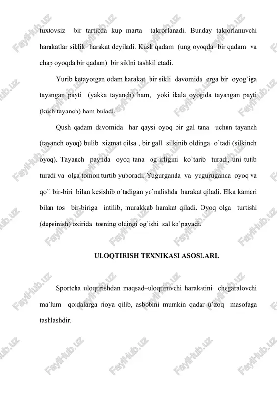 akatini tezlatish (uloqtrish xolatiga o`tish va oyoqlarni keskin to`g`rilab uloqtirish). 5. olg`a intiluvchi va aylanma harakatlarning tuliq tuxtalishi. uloqtirishga tayyorlanish bilan uloqtirishning o`zi o`zaro bo`gliq bulib, uni uloqtiruvchining bir xolatdan ikkinchi xolatga oddiygina utishi deb bulmaydi. bunda oyoqlar gavda, uloqtiruvchi va bush qo`l qanday xolatda ekanining barcha detallari bir-biriga aloqador bulib, buning muxim ahamiyati bor. barcha uloqtirish turlarida (bosqon uloqtirishdan tashqari, chunki bunda chap oyoq har doim erda turishi kerak) ohirgi kuch berish chap oyoqni erga kuyguncha qadar boshlanadi. chap oyoqni yerga qo`ygunga qadar ohirgi kuch berish uloqtiruvchi gavdasini siljish tezligini saqlab boradigan sezilar-sezilmas harakatlardan iborat buladi. uloqtirishda sporcht oyoqlarning qanchalik tez va kuchli to`g`rilanishi hamda buni gavda va qo`l harakatlari bilan moslay bilish katta ahamiyatga ega. uloqtirish vaqtida, avval yirik muskul guruxlari , keyin esa tez qisqarish qobiliyatiga eg`a bulgan kichik muskul guruxlarida ishga tushsagina gavdani eng tez to`g`rilash mumkin. bu harakat uloqtiruvchi gavdasining uloqtirish tomoniga yo`nalgan va asosan …